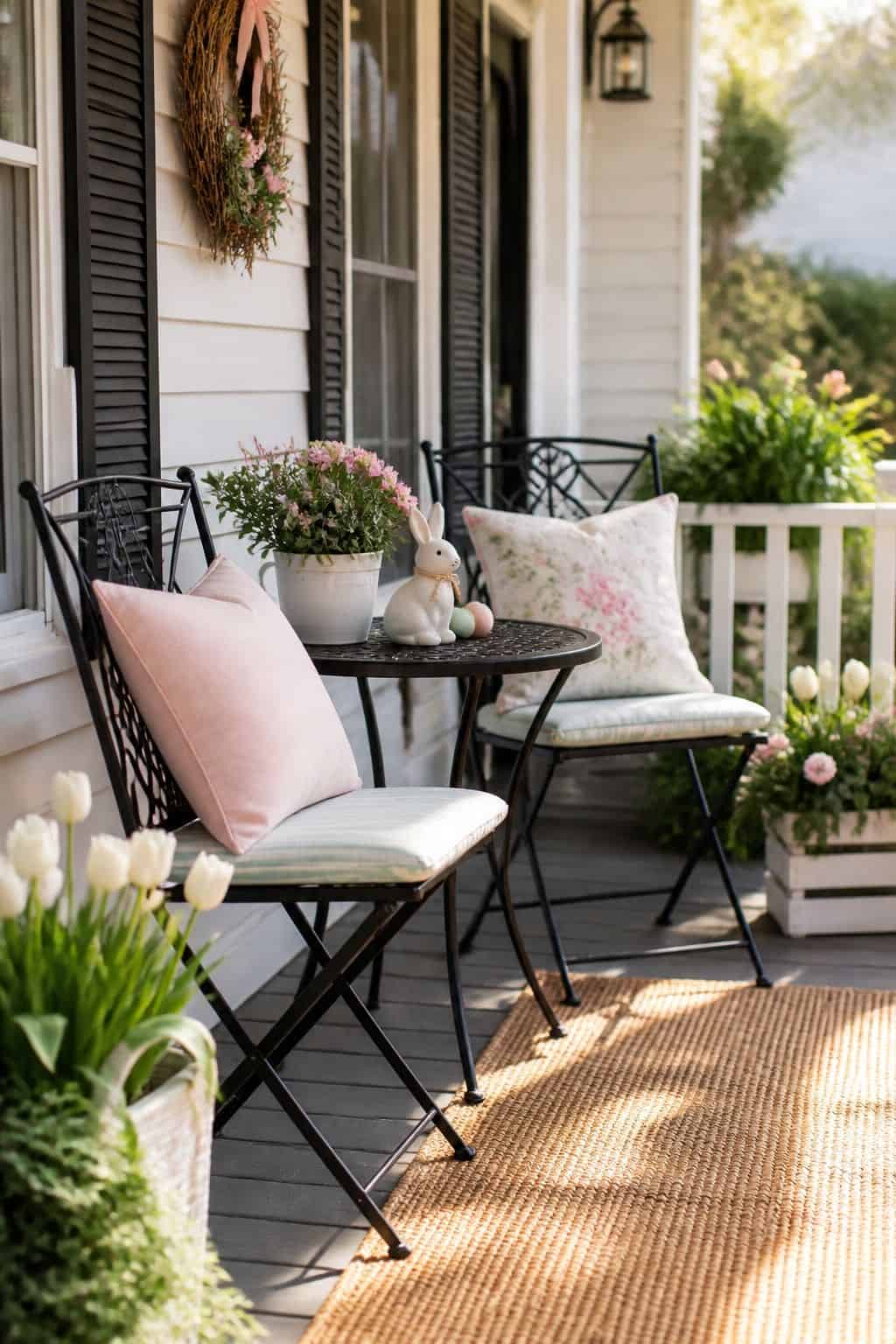 Small Bistro Chair Setup shown as a realistic Pretty Wild World image for 17 Easter Front Porch Decor Ideas for a Fresh Spring Welcome.