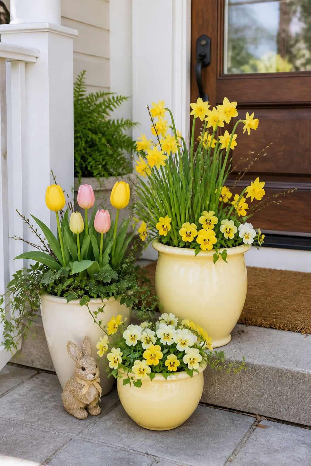 Pale Yellow Flower Pots shown as a realistic Pretty Wild World image for 17 Easter Front Porch Decor Ideas for a Fresh Spring Welcome.