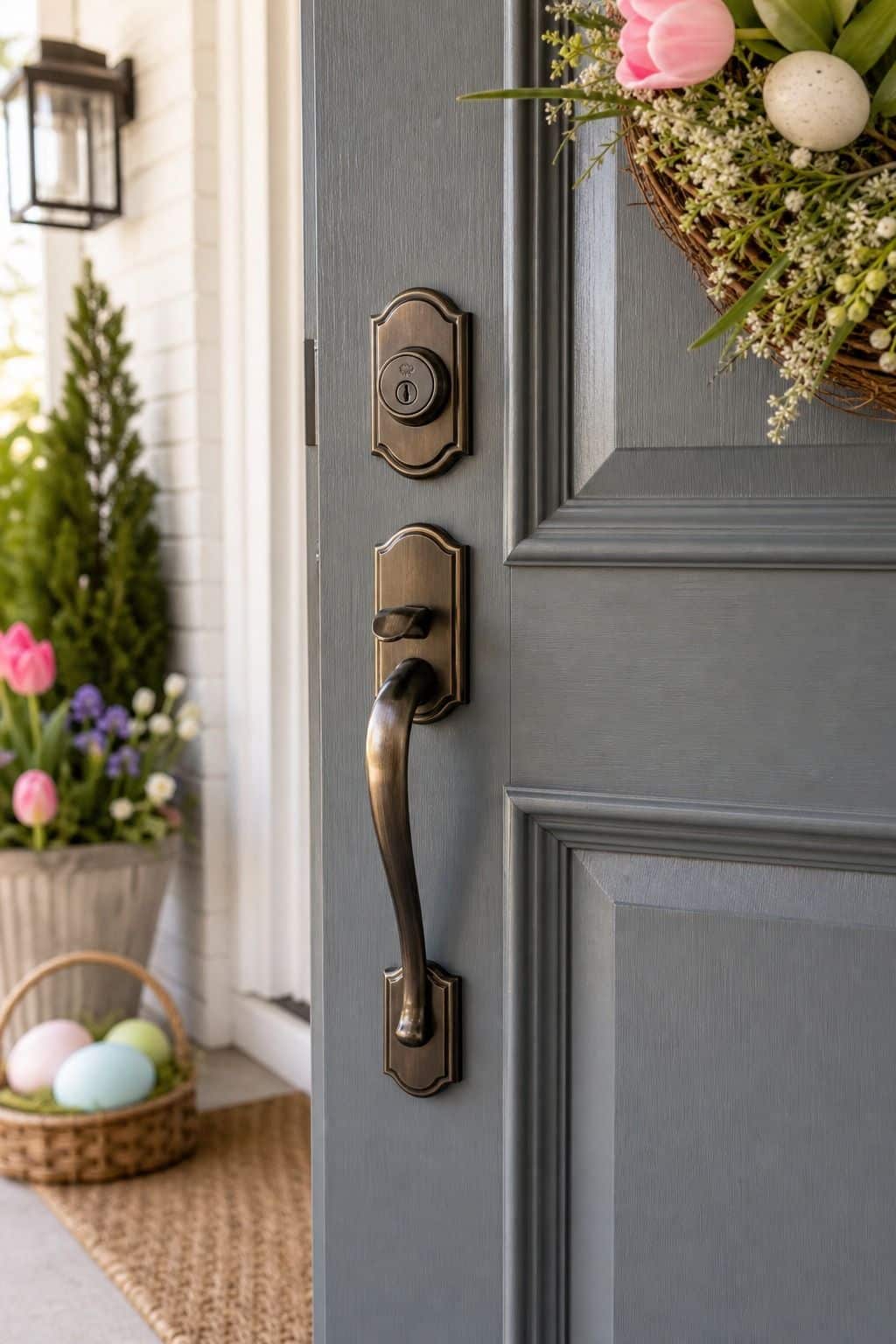 Clean Door Hardware shown as a realistic Pretty Wild World image for 17 Easter Front Porch Decor Ideas for a Fresh Spring Welcome.