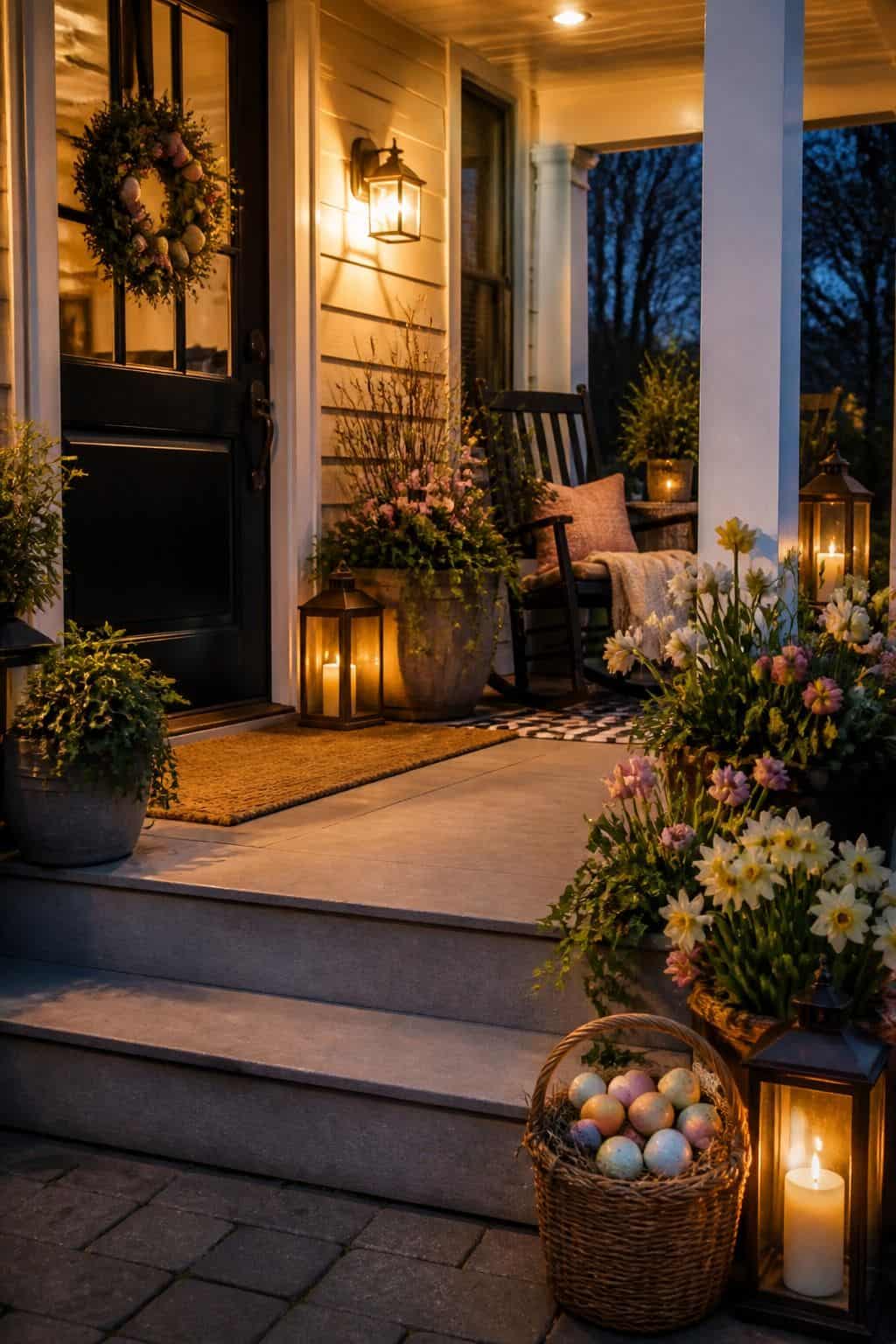 Evening Porch Glow shown as a realistic Pretty Wild World image for 17 Easter Front Porch Decor Ideas for a Fresh Spring Welcome.