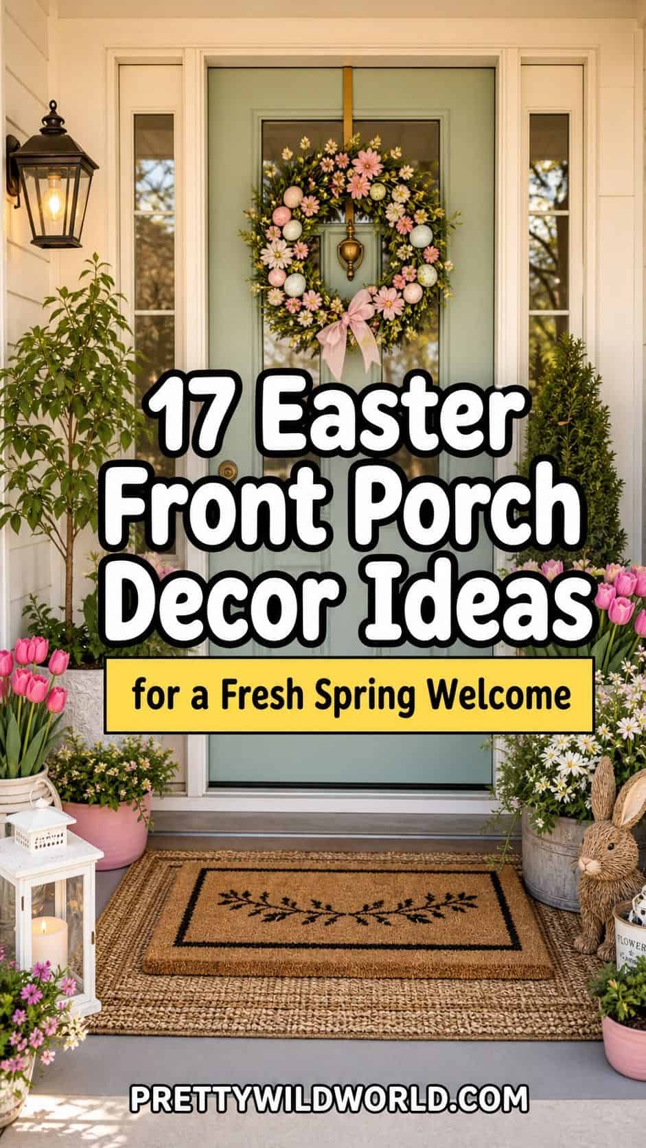 Pinterest pin for 17 Easter Front Porch Decor Ideas for a Fresh Spring Welcome from Pretty Wild World.