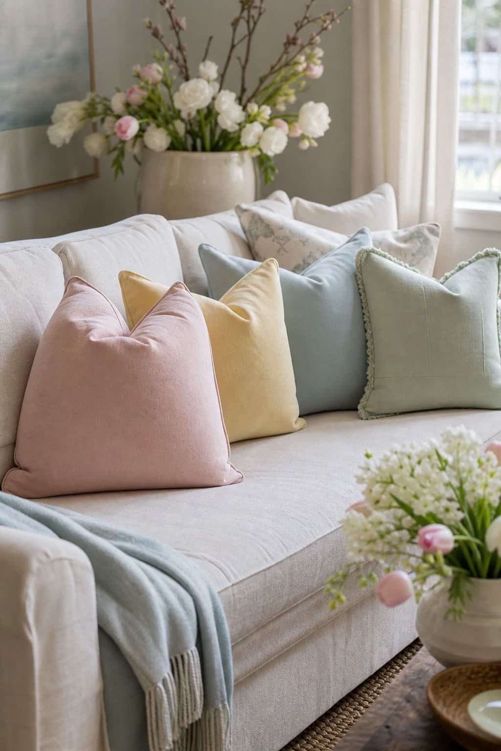 Pastel Pillow Swap shown as a realistic Pretty Wild World image for 19 Easter Living Room Decor Ideas for a Fresh Festive Space.