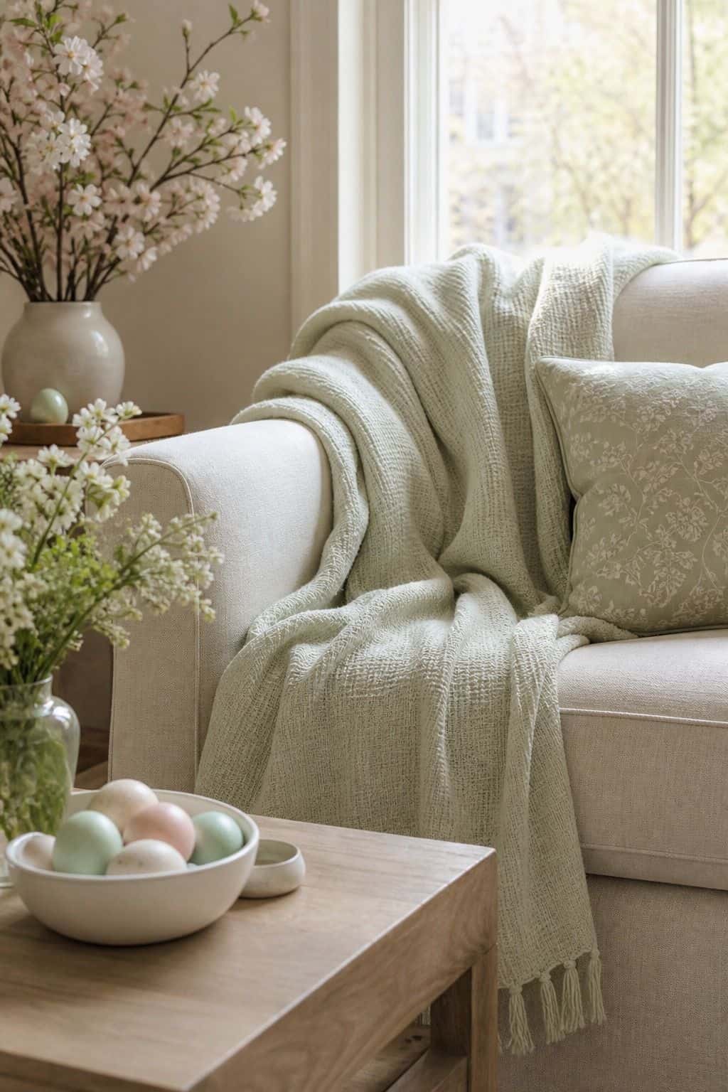 Light Spring Throw shown as a realistic Pretty Wild World image for 19 Easter Living Room Decor Ideas for a Fresh Festive Space.