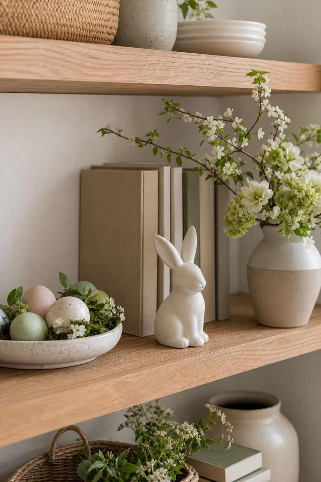 Ceramic Bunny on a Shelf shown as a realistic Pretty Wild World image for 19 Easter Living Room Decor Ideas for a Fresh Festive Space.