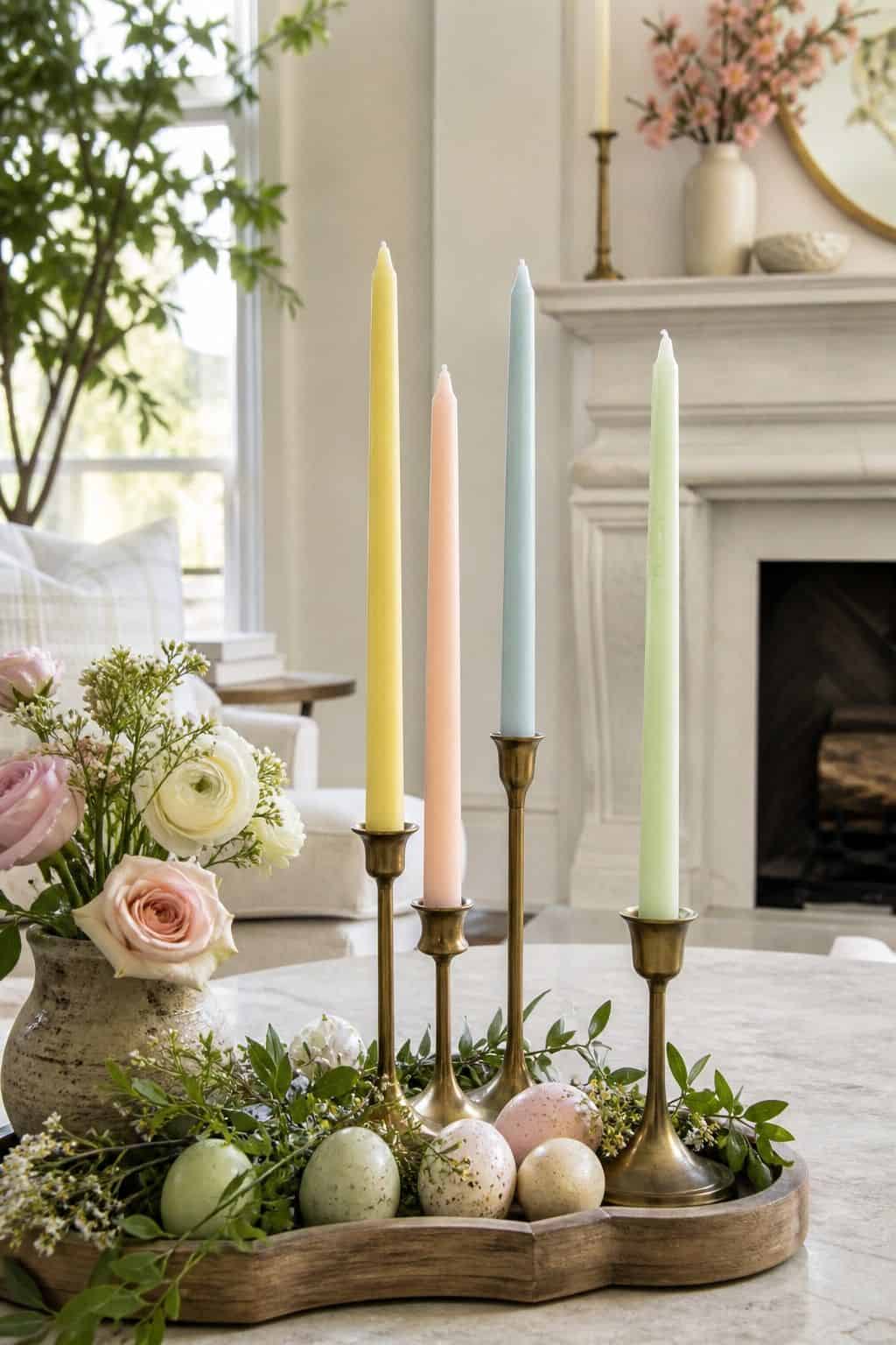 Pastel Taper Candles shown as a realistic Pretty Wild World image for 19 Easter Living Room Decor Ideas for a Fresh Festive Space.