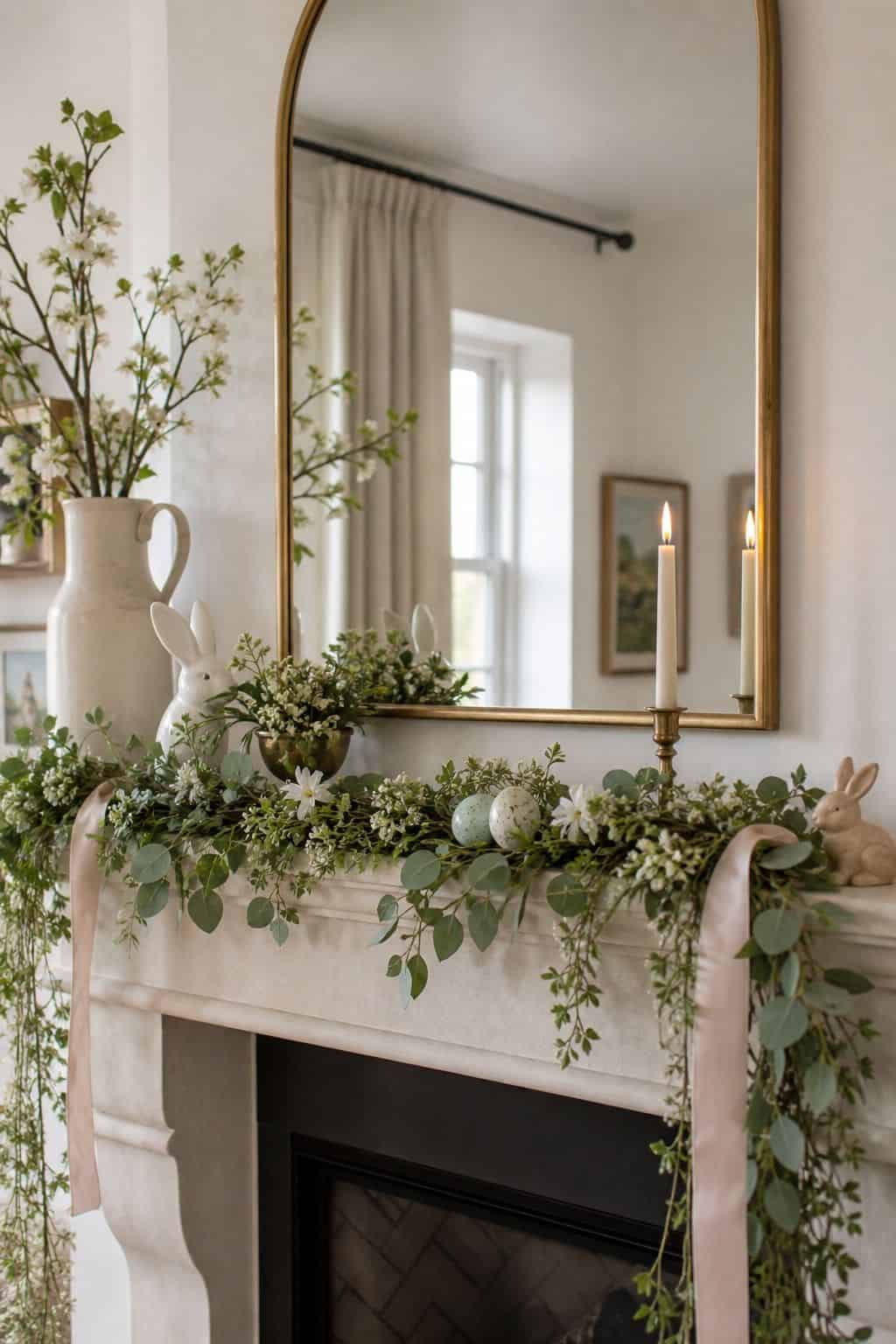 Soft Mantel Garland shown as a realistic Pretty Wild World image for 19 Easter Living Room Decor Ideas for a Fresh Festive Space.