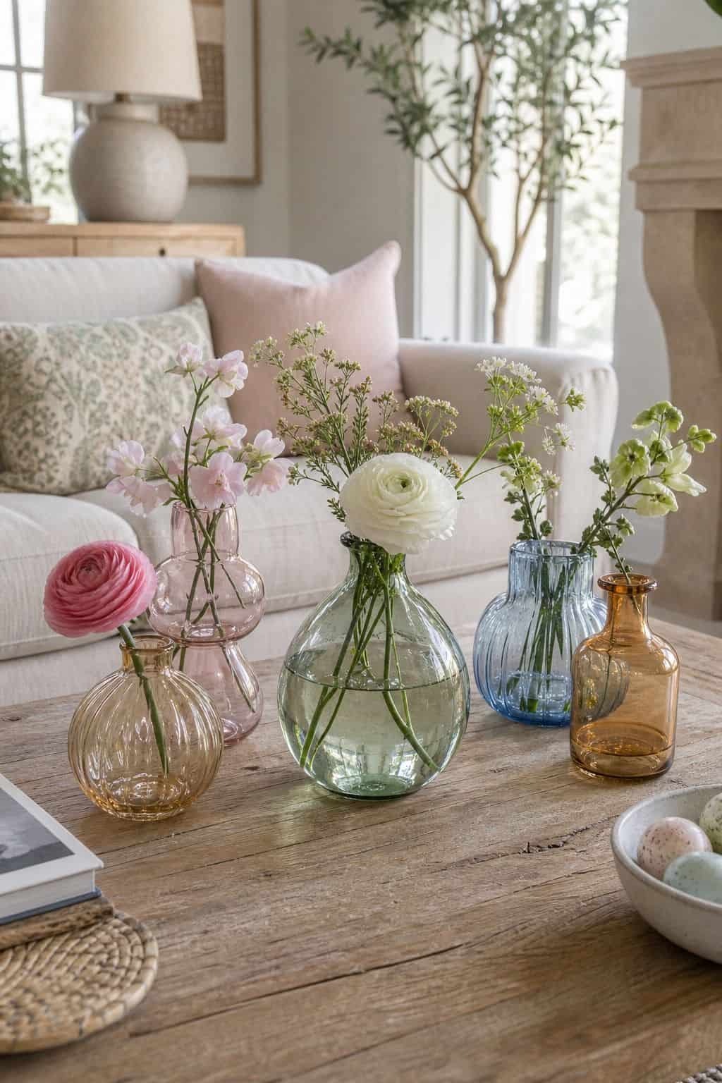 Colored Glass Vases shown as a realistic Pretty Wild World image for 19 Easter Living Room Decor Ideas for a Fresh Festive Space.