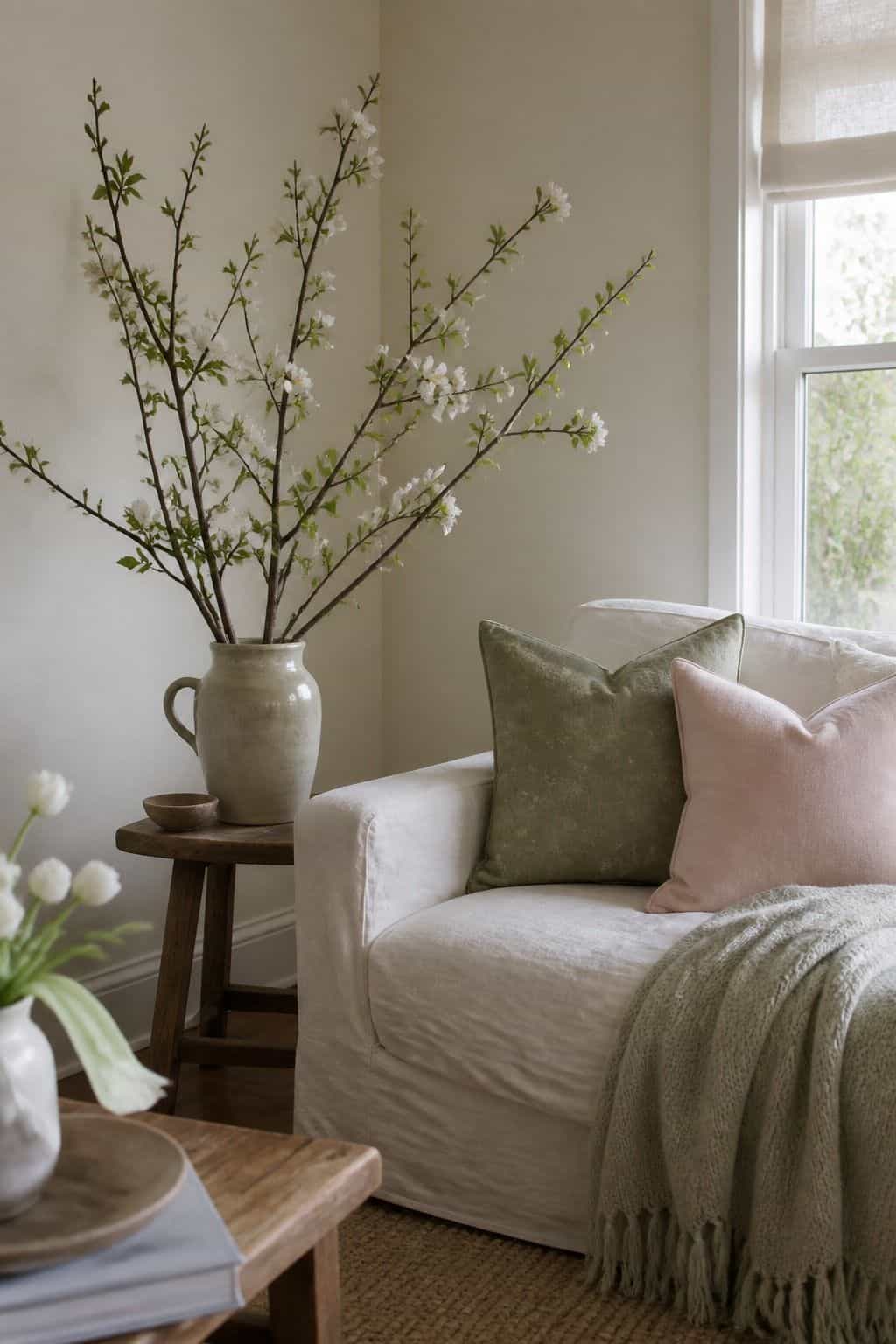 Fresh Branches by the Sofa shown as a realistic Pretty Wild World image for 19 Easter Living Room Decor Ideas for a Fresh Festive Space.
