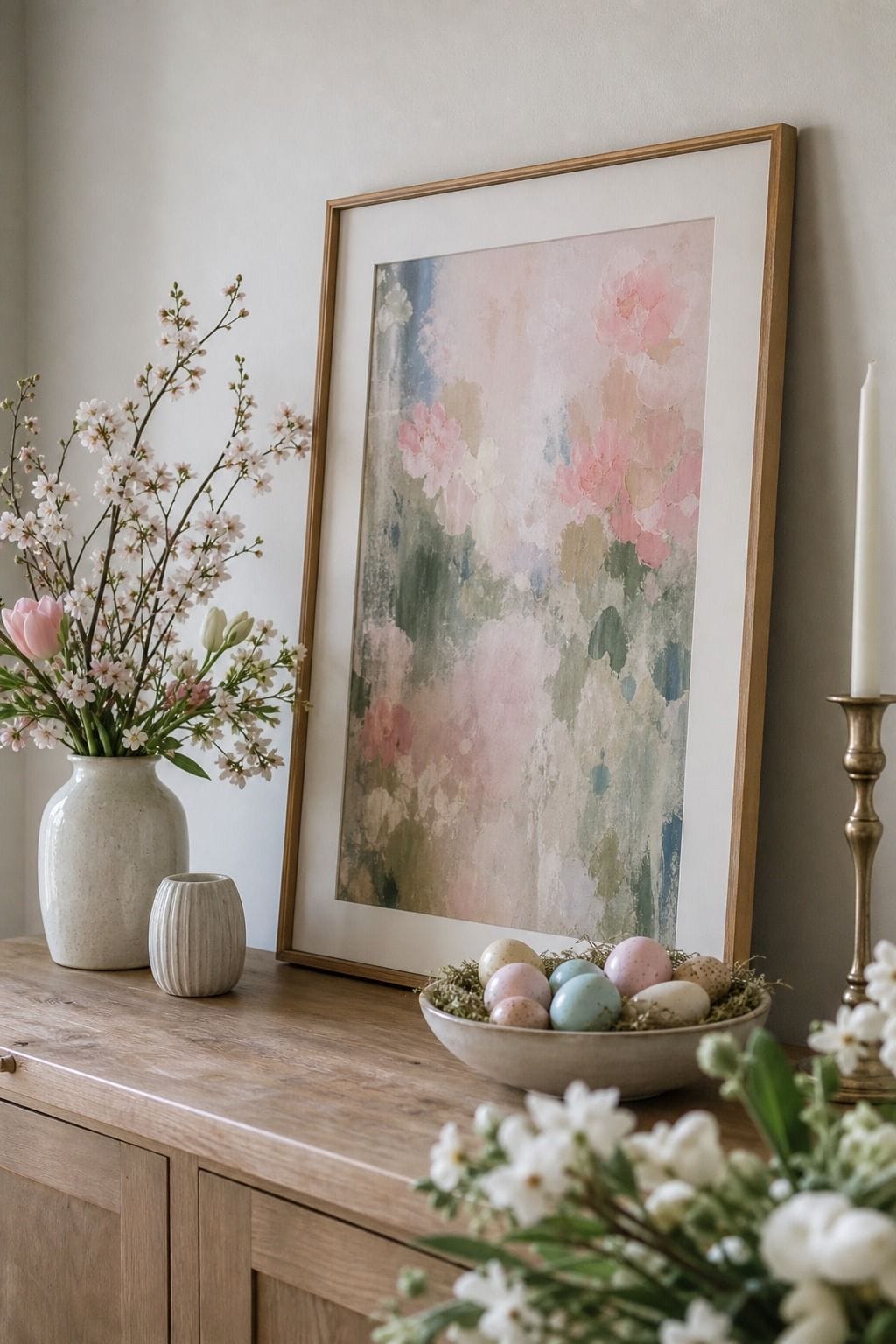 Spring Art Lean shown as a realistic Pretty Wild World image for 19 Easter Living Room Decor Ideas for a Fresh Festive Space.