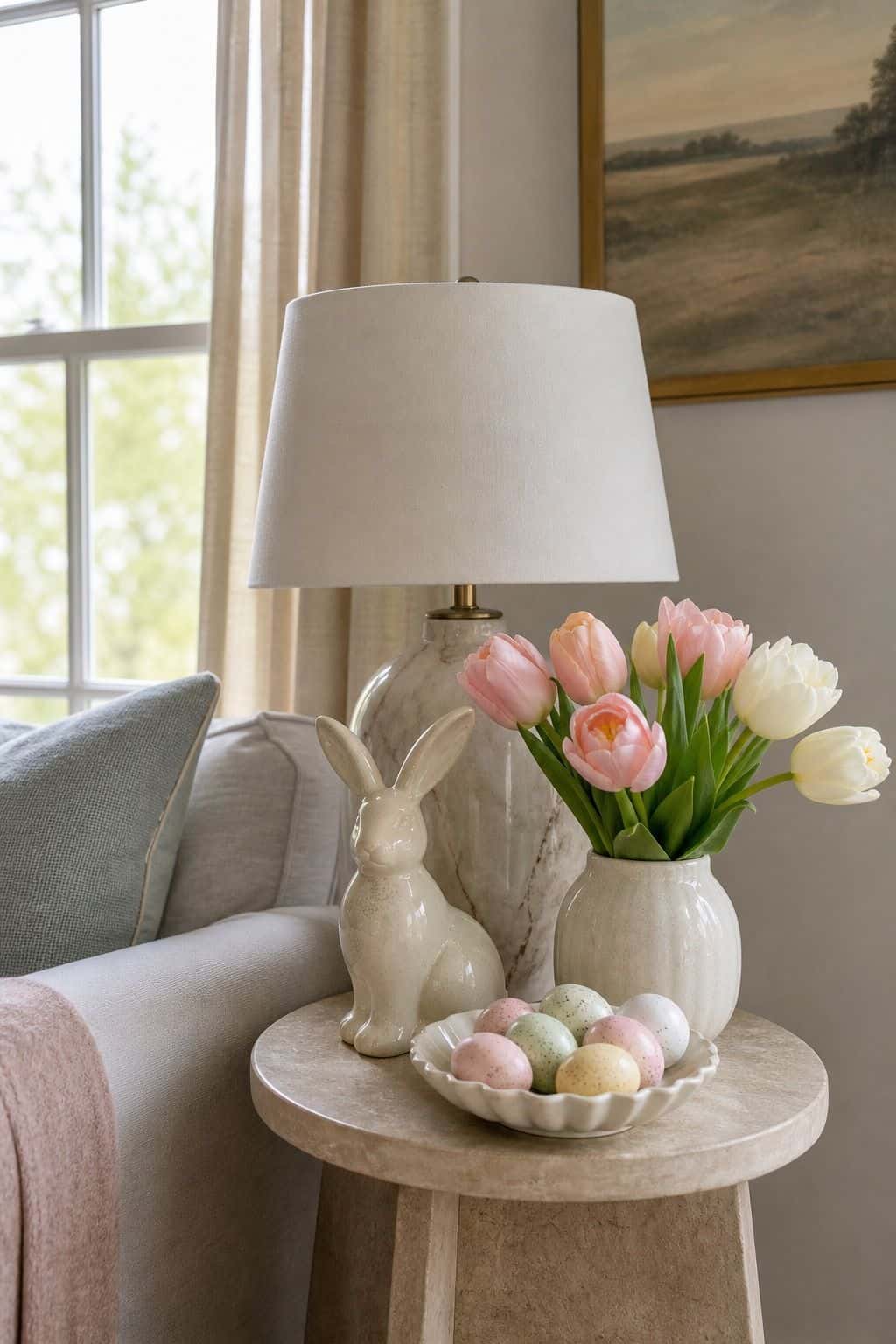 Styled Side Table shown as a realistic Pretty Wild World image for 19 Easter Living Room Decor Ideas for a Fresh Festive Space.