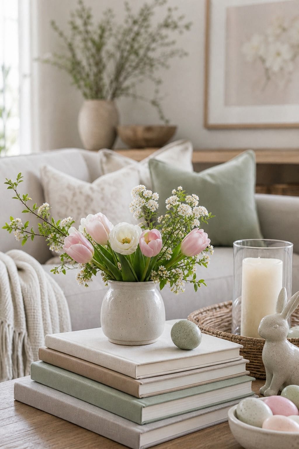 Book Stack With Flowers shown as a realistic Pretty Wild World image for 19 Easter Living Room Decor Ideas for a Fresh Festive Space.