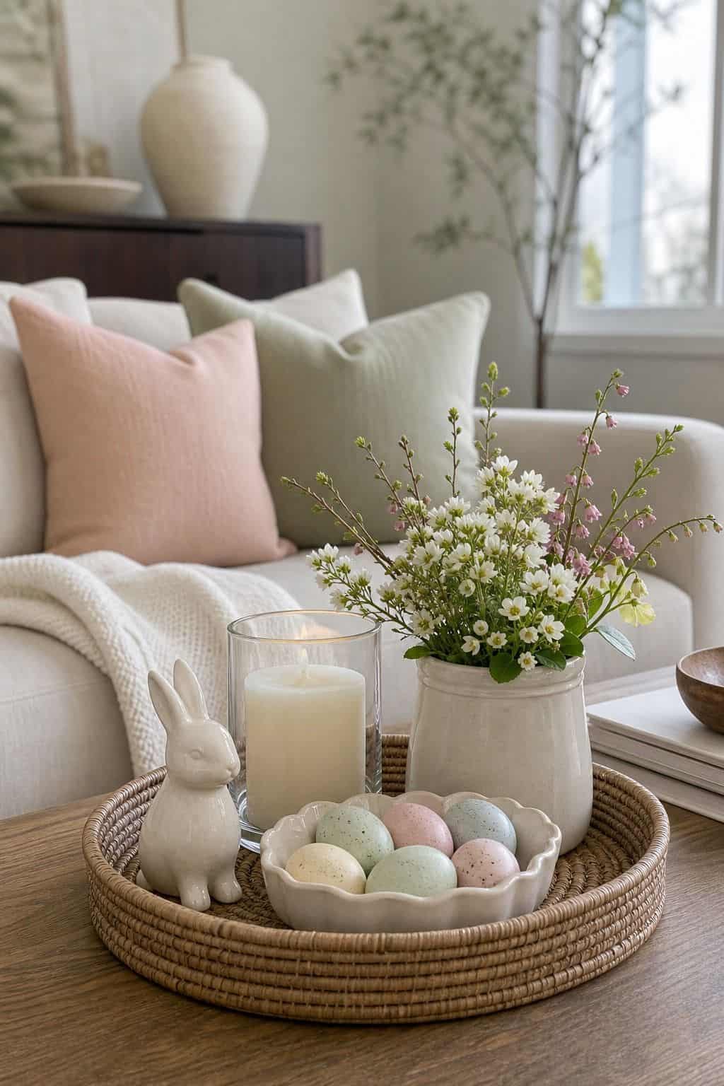 Low-Commitment Easter Tray shown as a realistic Pretty Wild World image for 19 Easter Living Room Decor Ideas for a Fresh Festive Space.