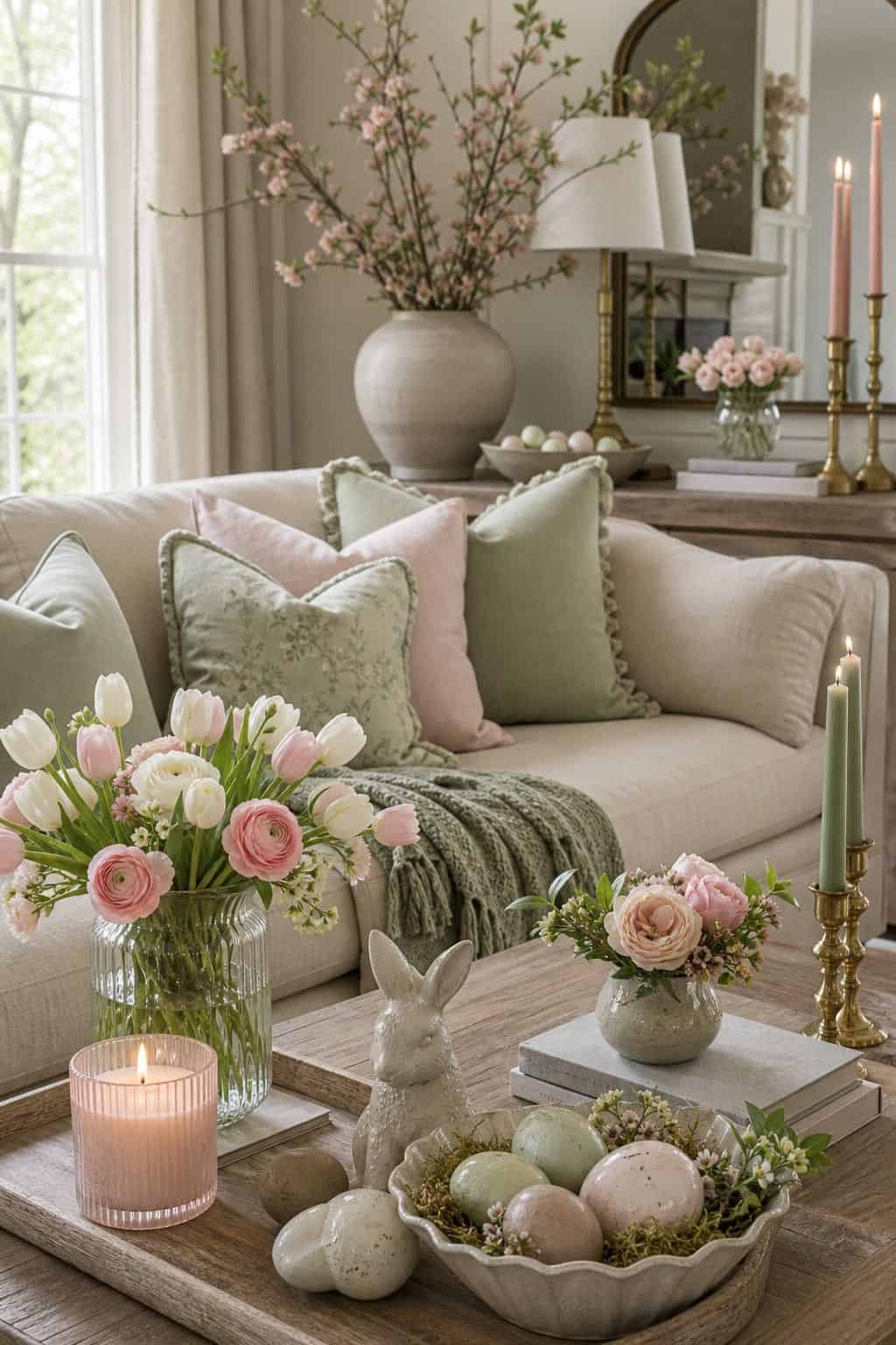 Sage and Blush Palette shown as a realistic Pretty Wild World image for 19 Easter Living Room Decor Ideas for a Fresh Festive Space.