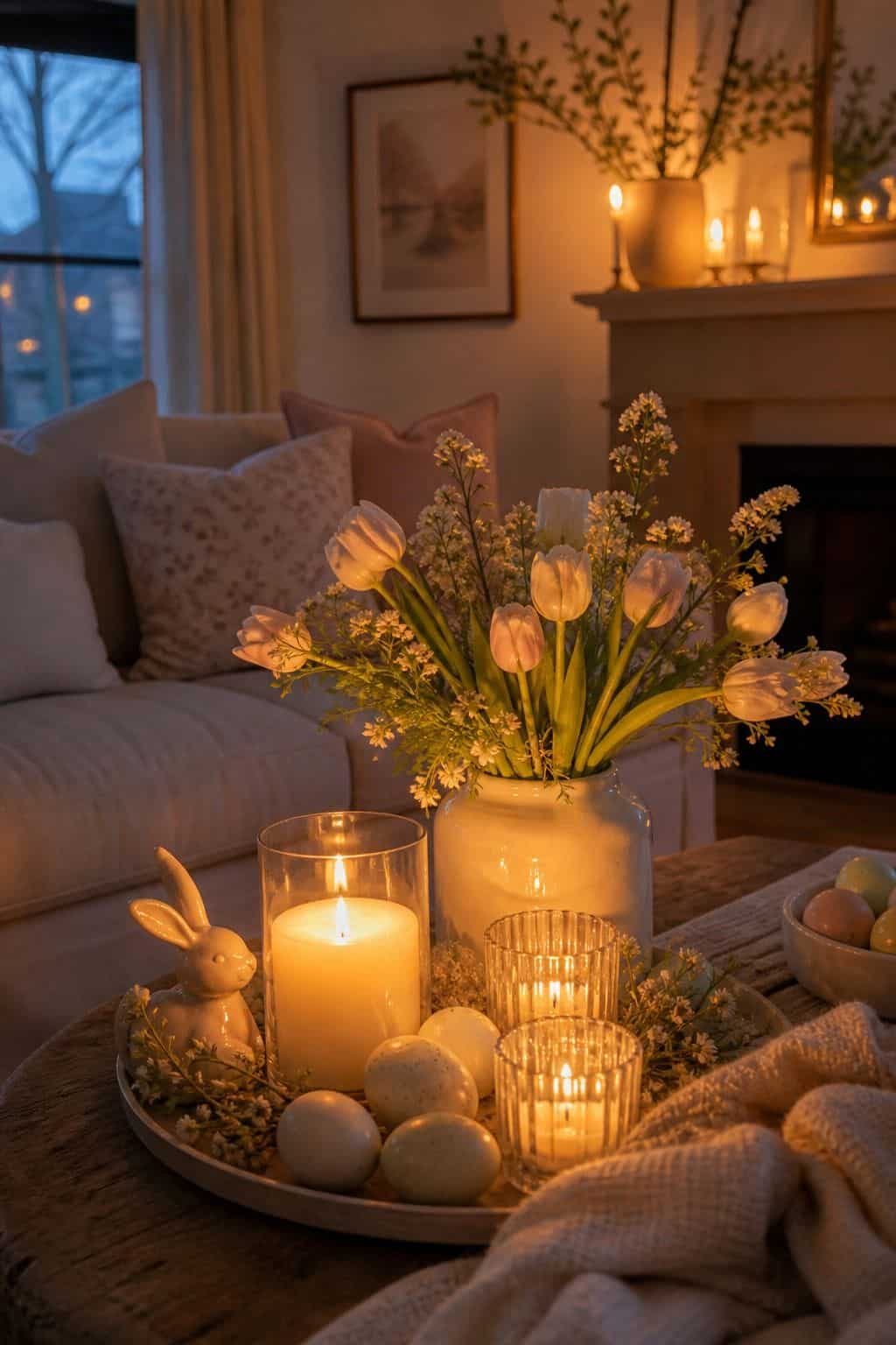 Evening Candle Glow shown as a realistic Pretty Wild World image for 19 Easter Living Room Decor Ideas for a Fresh Festive Space.