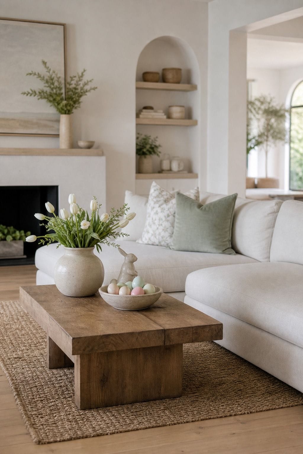 Festive Without Clutter shown as a realistic Pretty Wild World image for 19 Easter Living Room Decor Ideas for a Fresh Festive Space.
