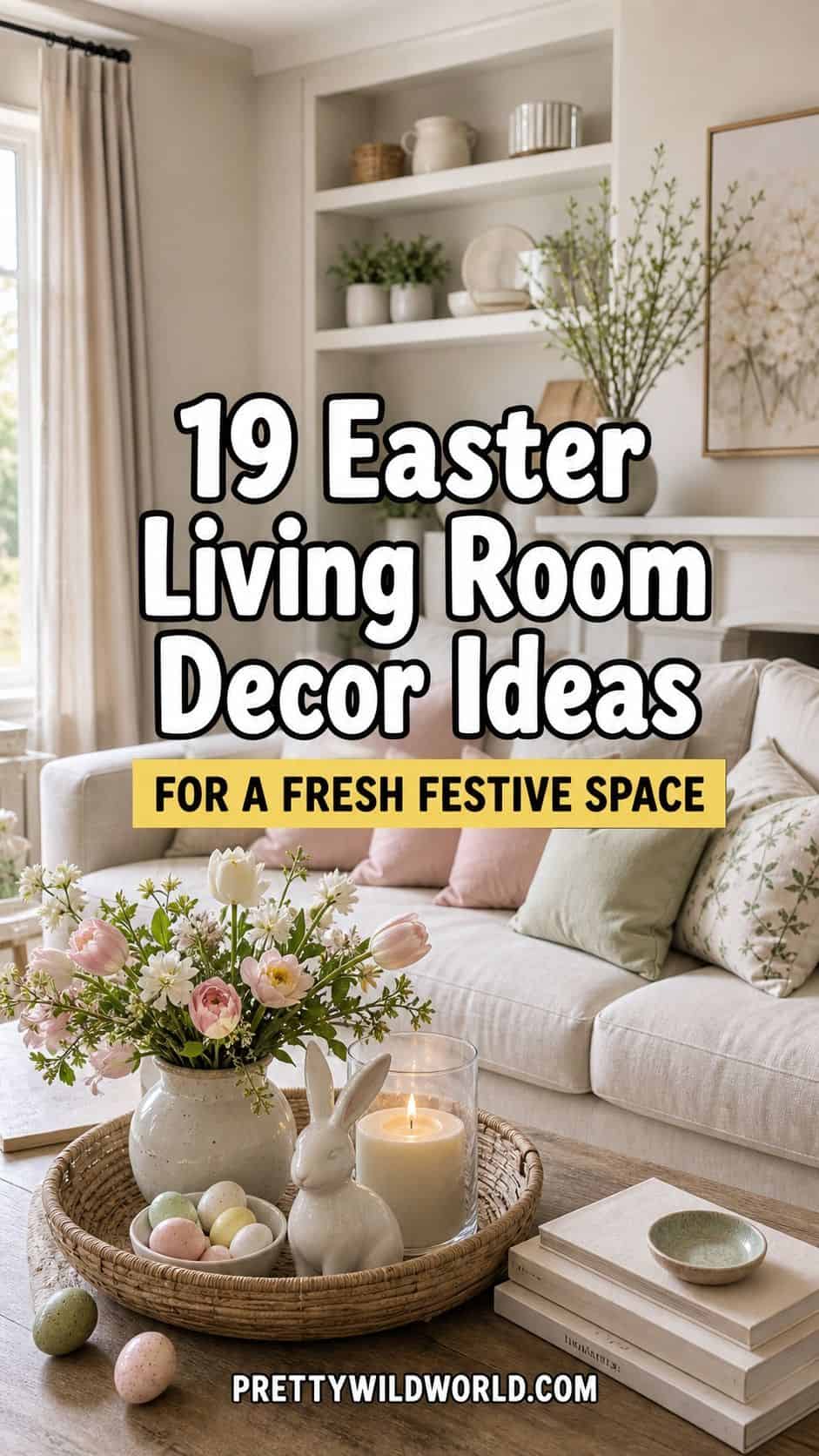 Pinterest pin for 19 Easter Living Room Decor Ideas for a Fresh Festive Space from Pretty Wild World.