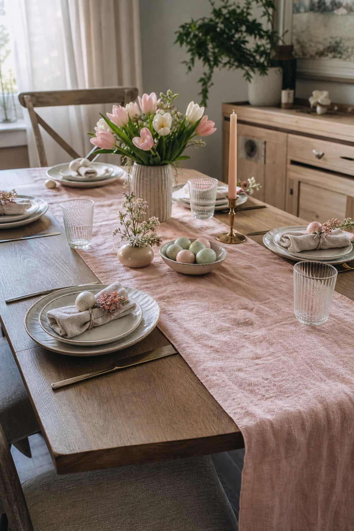 Pastel Linen Runner shown as a realistic Pretty Wild World image for 20 Easter Table Decorations for a Fresh Beautiful Brunch.