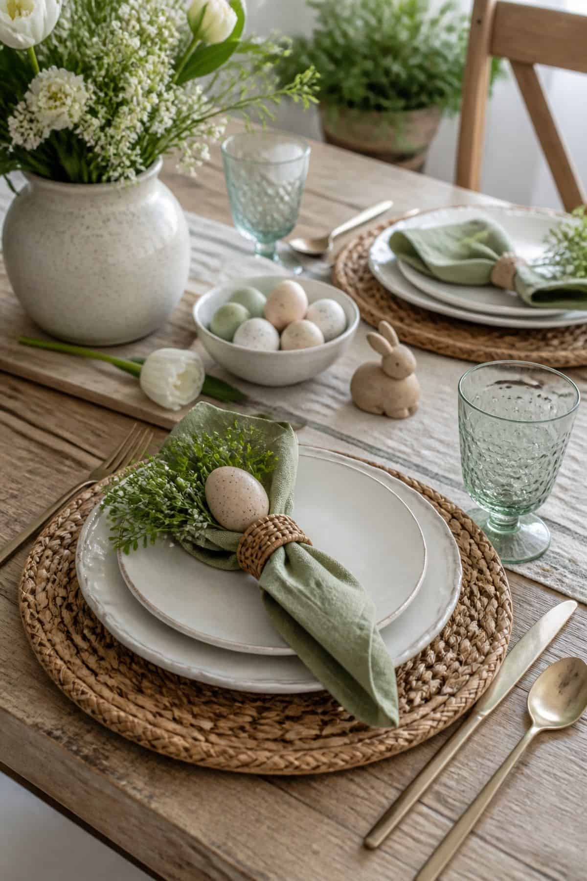 Woven Charger Plates shown as a realistic Pretty Wild World image for 20 Easter Table Decorations for a Fresh Beautiful Brunch.