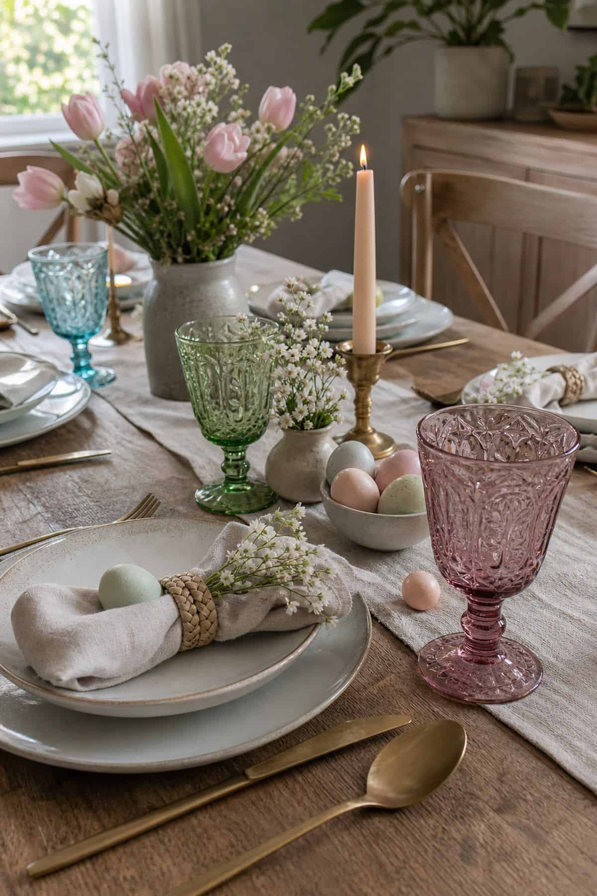 Colored Glass Goblets shown as a realistic Pretty Wild World image for 20 Easter Table Decorations for a Fresh Beautiful Brunch.