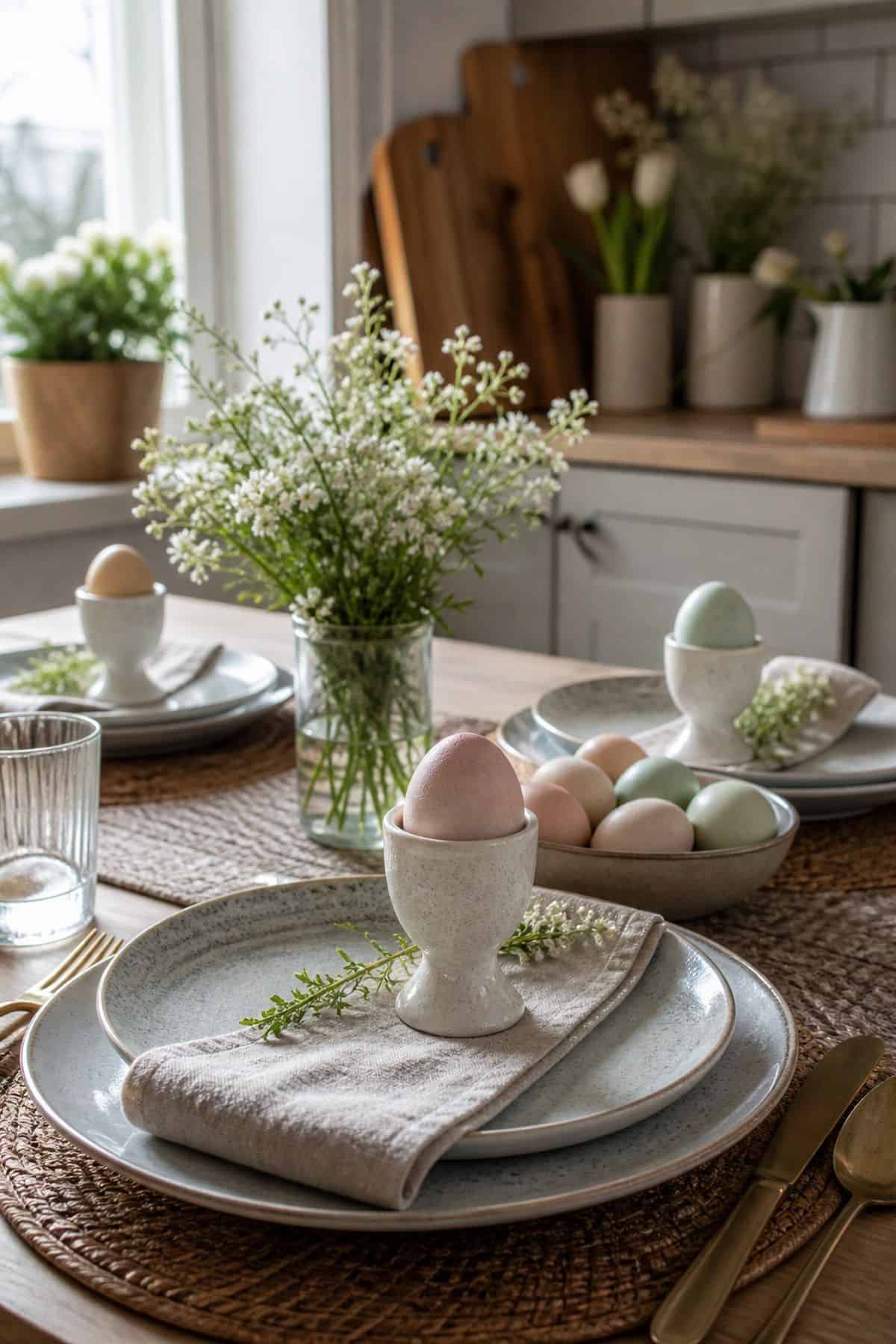Ceramic Egg Cups shown as a realistic Pretty Wild World image for 20 Easter Table Decorations for a Fresh Beautiful Brunch.