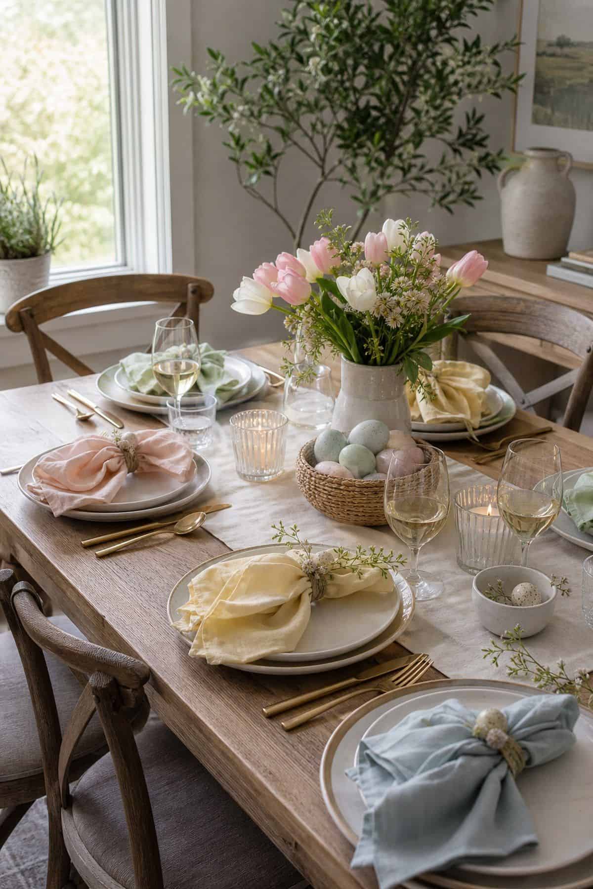 Cloth Napkins in Spring Colors shown as a realistic Pretty Wild World image for 20 Easter Table Decorations for a Fresh Beautiful Brunch.