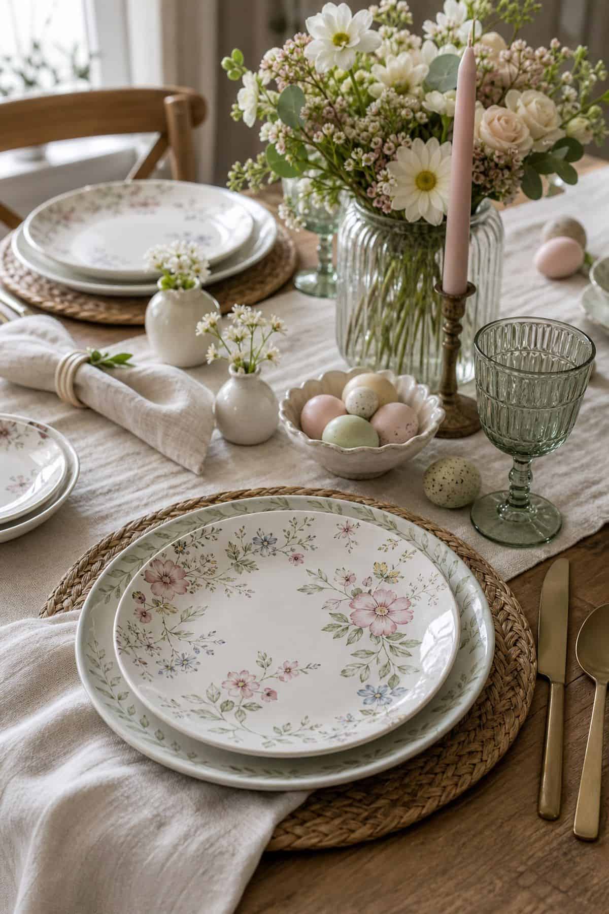 Floral Dinner Plates shown as a realistic Pretty Wild World image for 20 Easter Table Decorations for a Fresh Beautiful Brunch.