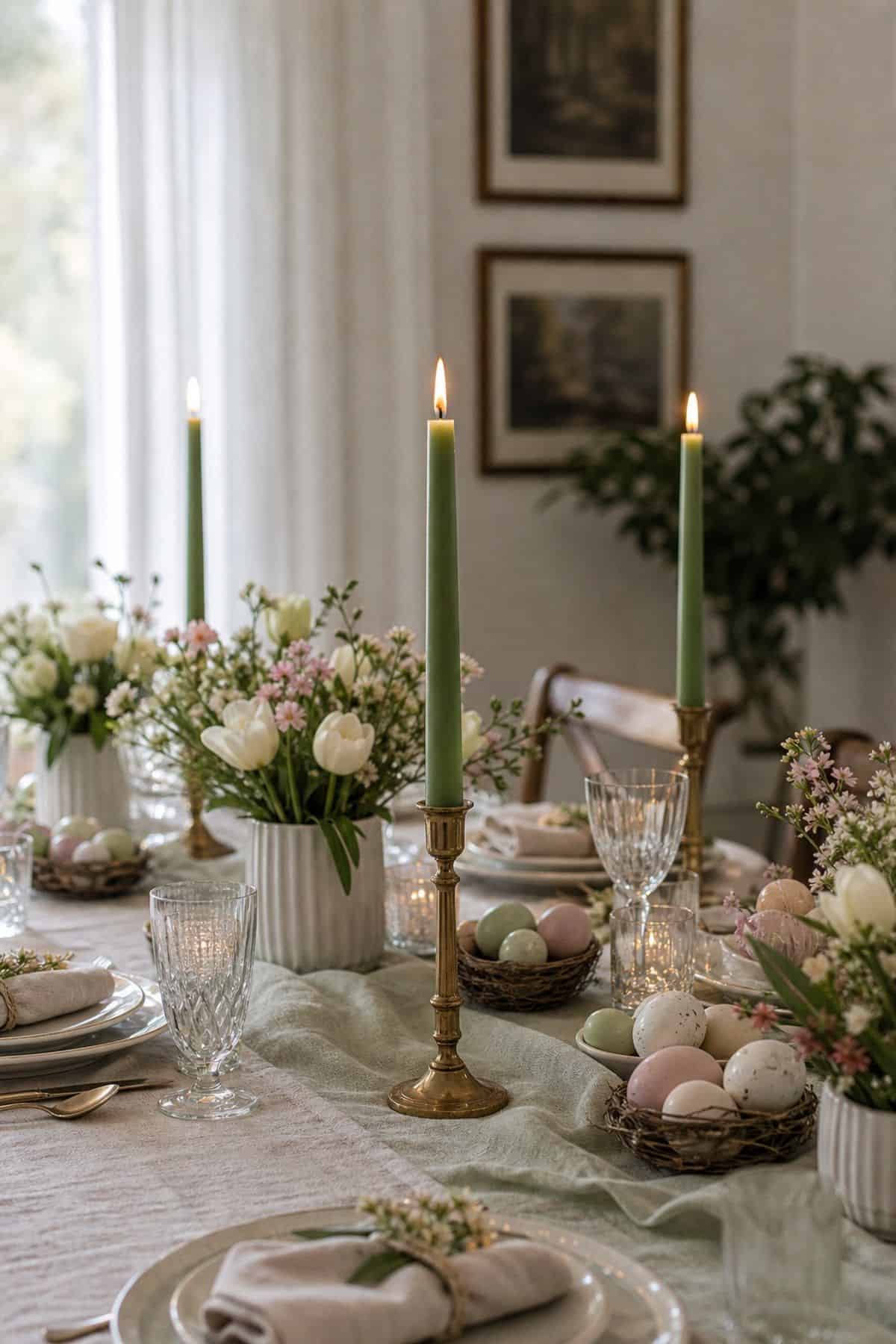 Green Taper Candles shown as a realistic Pretty Wild World image for 20 Easter Table Decorations for a Fresh Beautiful Brunch.