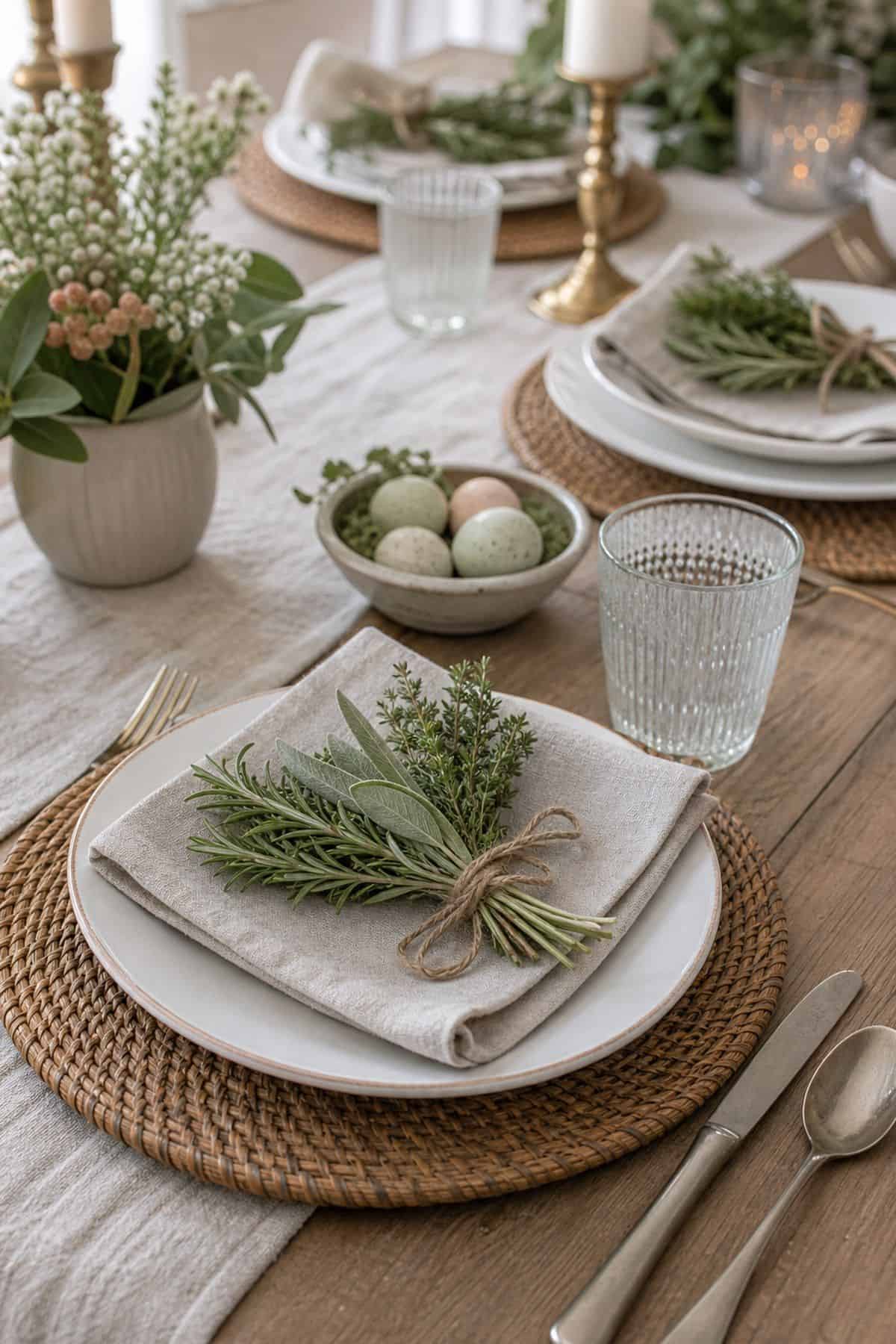 Herb Bundles at Each Plate shown as a realistic Pretty Wild World image for 20 Easter Table Decorations for a Fresh Beautiful Brunch.