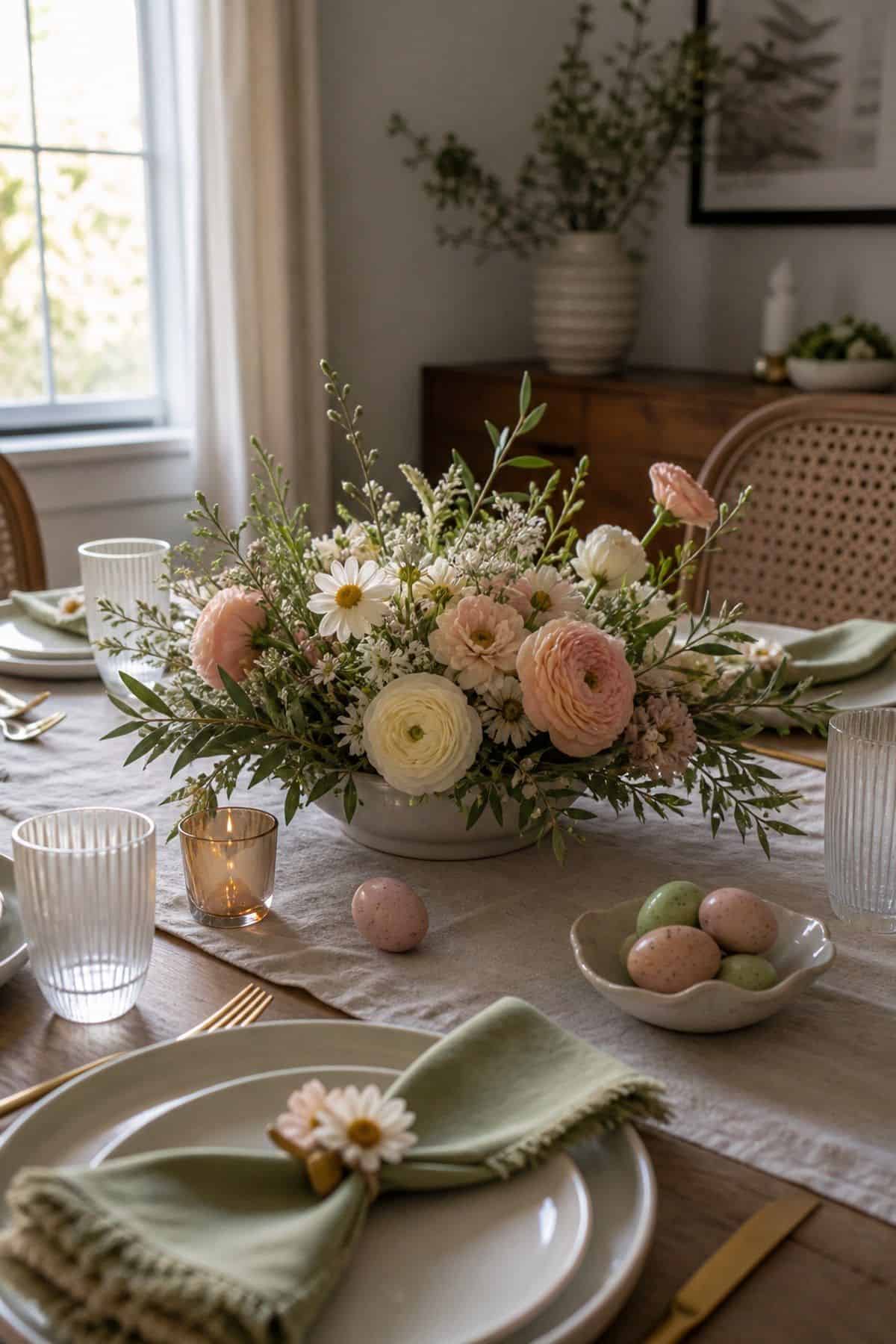 Low Flower Centerpiece shown as a realistic Pretty Wild World image for 20 Easter Table Decorations for a Fresh Beautiful Brunch.