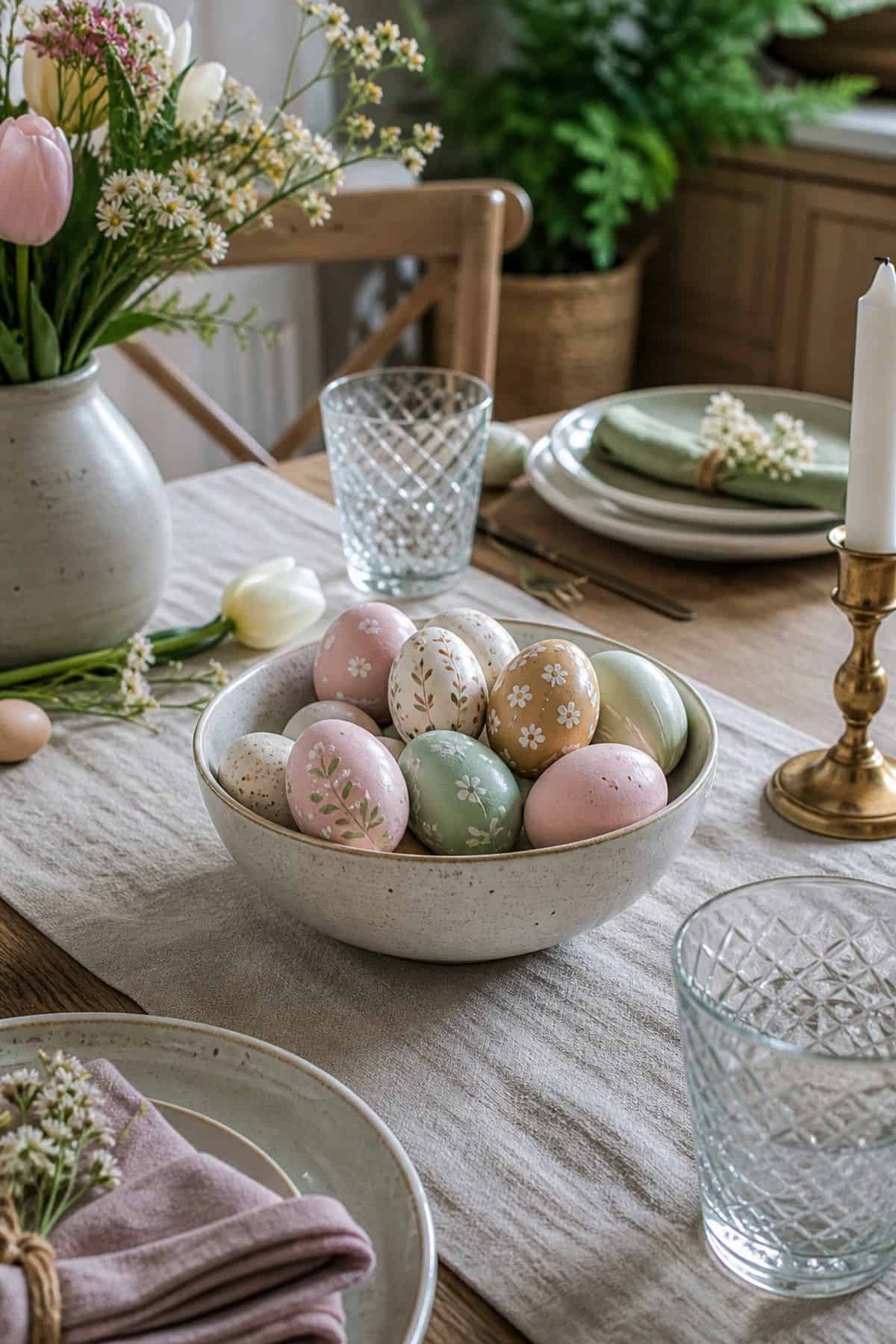 Painted Eggs in a Bowl shown as a realistic Pretty Wild World image for 20 Easter Table Decorations for a Fresh Beautiful Brunch.