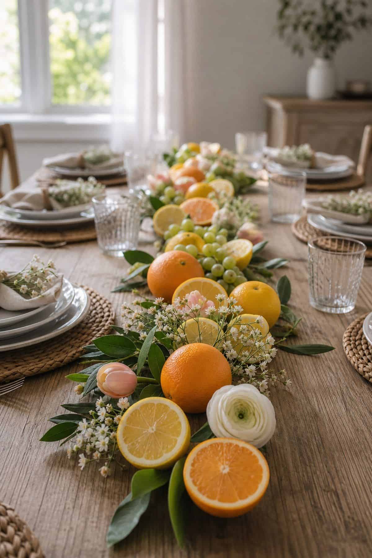 Fruit Down the Center shown as a realistic Pretty Wild World image for 20 Easter Table Decorations for a Fresh Beautiful Brunch.