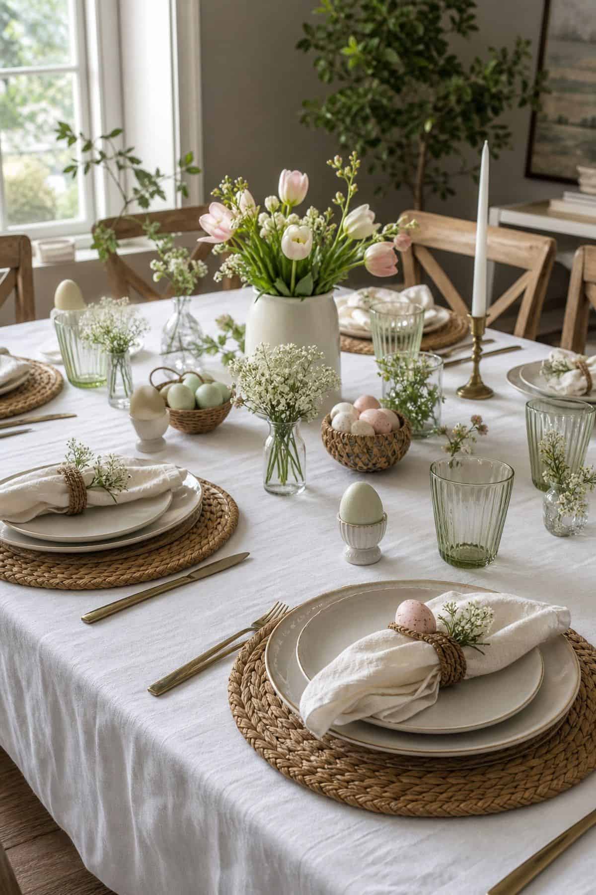 White Tablecloth Base shown as a realistic Pretty Wild World image for 20 Easter Table Decorations for a Fresh Beautiful Brunch.