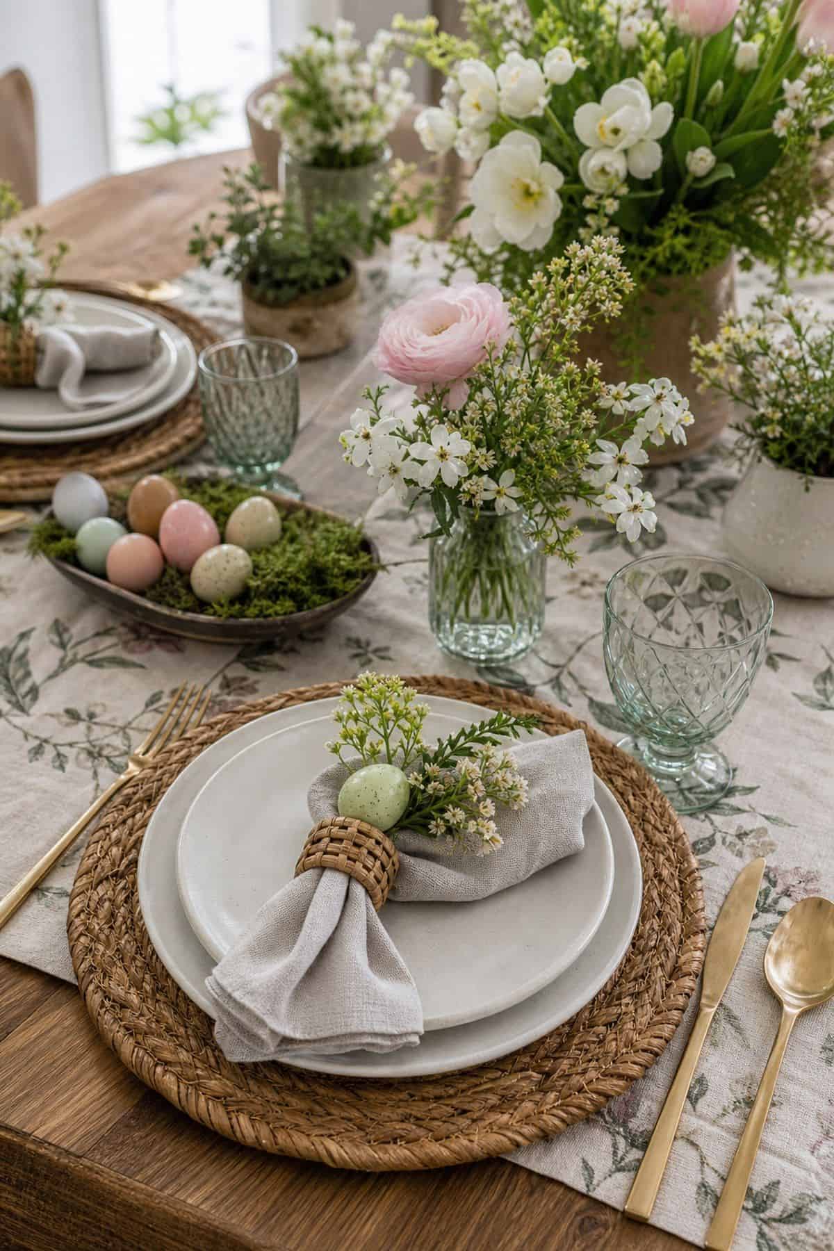 Garden-Inspired Place Settings shown as a realistic Pretty Wild World image for 20 Easter Table Decorations for a Fresh Beautiful Brunch.