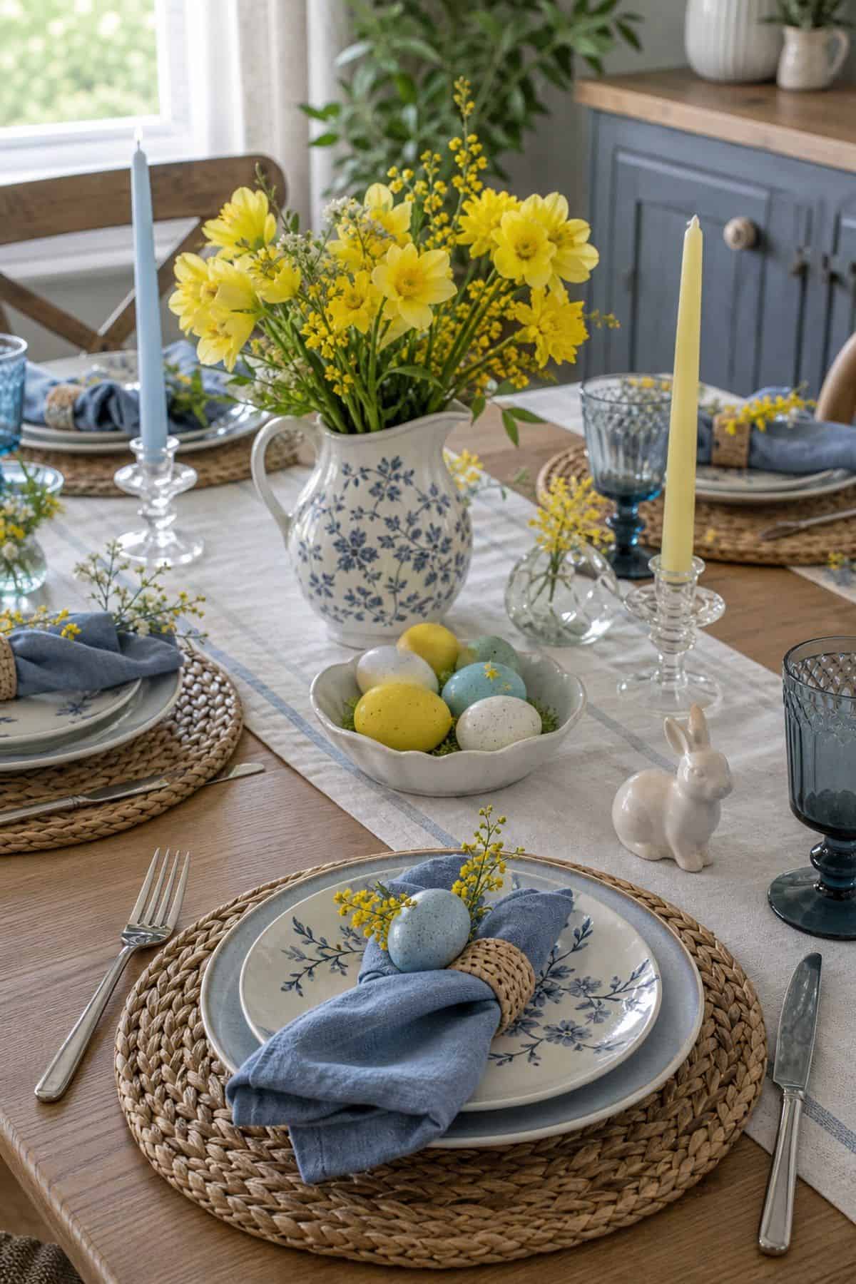 Blue and Yellow Palette shown as a realistic Pretty Wild World image for 20 Easter Table Decorations for a Fresh Beautiful Brunch.