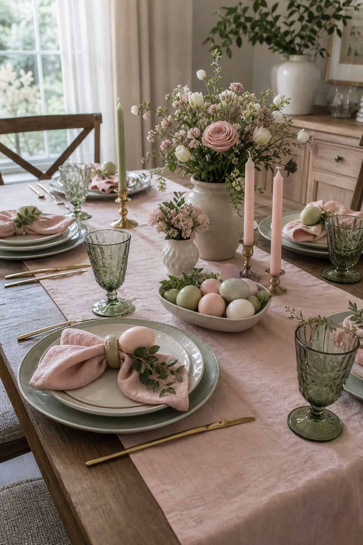 Blush and Sage Palette shown as a realistic Pretty Wild World image for 20 Easter Table Decorations for a Fresh Beautiful Brunch.