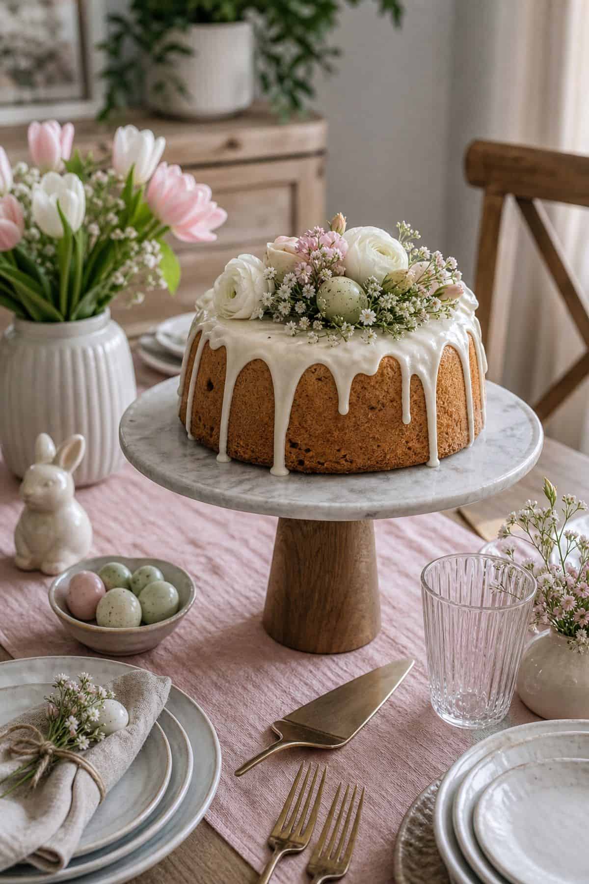 Dessert Pedestal Moment shown as a realistic Pretty Wild World image for 20 Easter Table Decorations for a Fresh Beautiful Brunch.