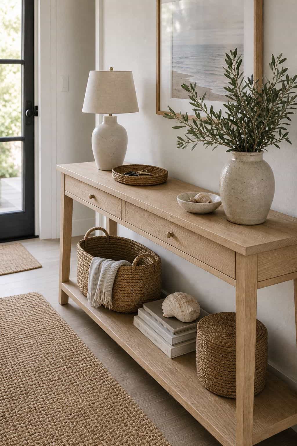 Pale Wood Console shown as a realistic Pretty Wild World image for 17 Coastal Entryway Decor Ideas for a Fresh Relaxed Welcome.