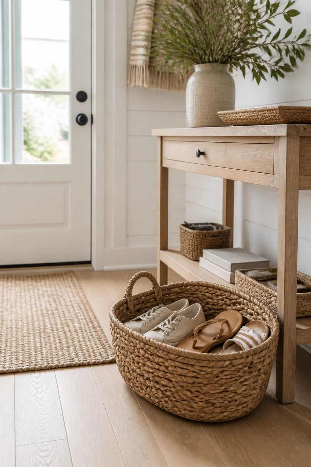 Seagrass Basket for Shoes shown as a realistic Pretty Wild World image for 17 Coastal Entryway Decor Ideas for a Fresh Relaxed Welcome.