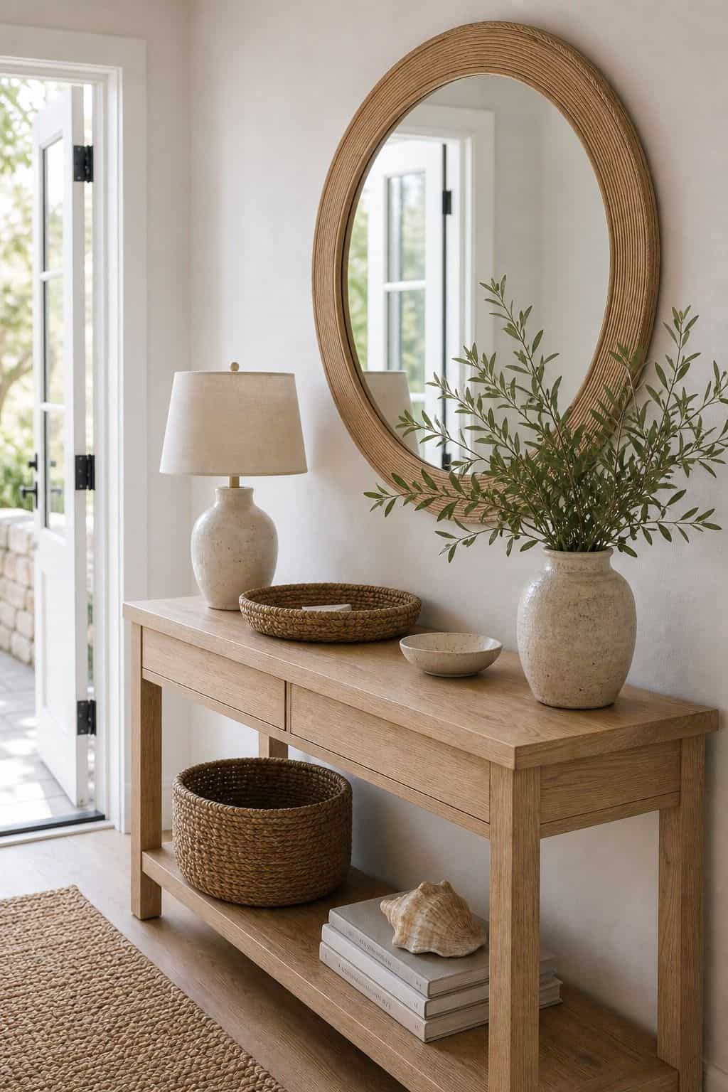 Round Natural Mirror shown as a realistic Pretty Wild World image for 17 Coastal Entryway Decor Ideas for a Fresh Relaxed Welcome.