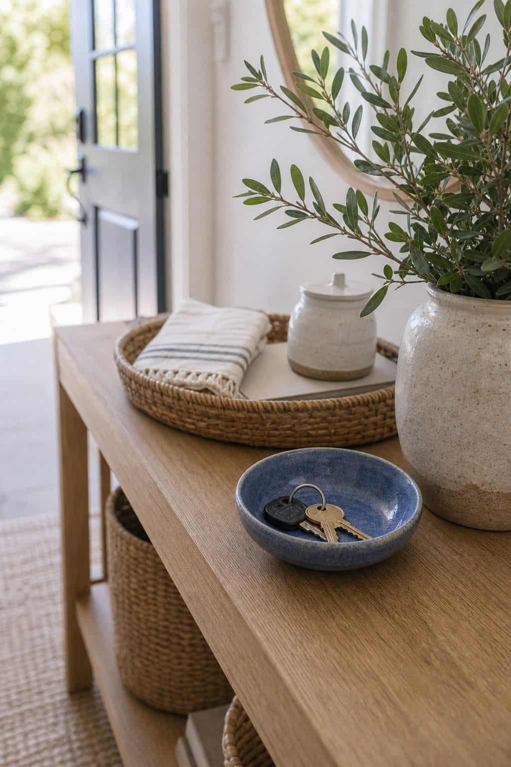 Blue Catchall Bowl shown as a realistic Pretty Wild World image for 17 Coastal Entryway Decor Ideas for a Fresh Relaxed Welcome.