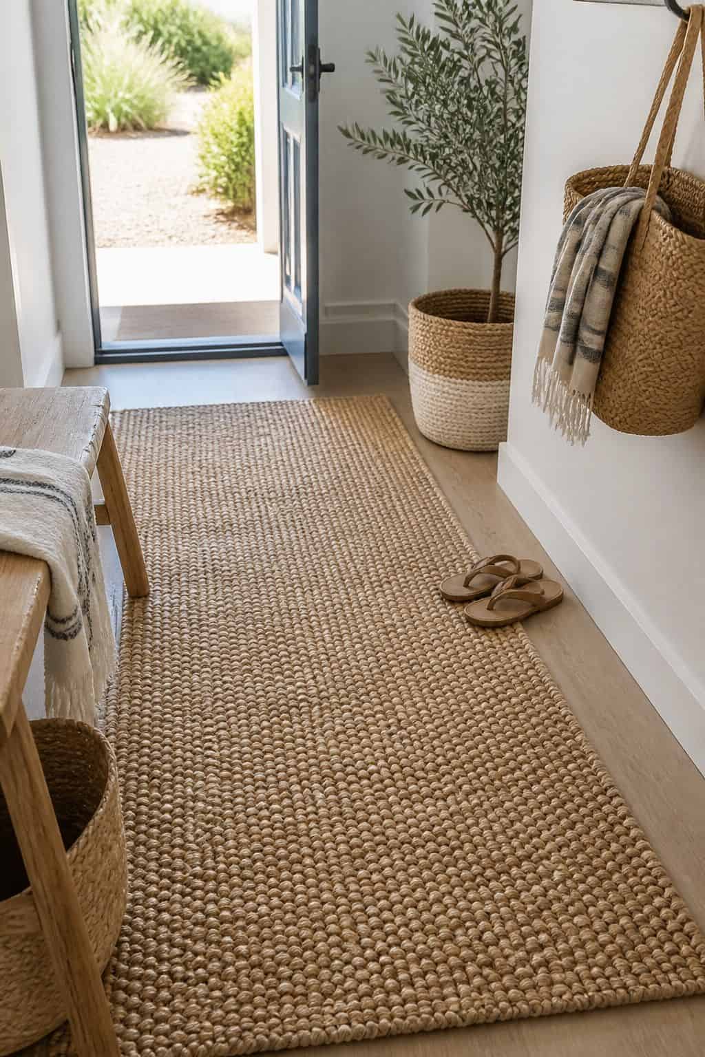Jute Entry Rug shown as a realistic Pretty Wild World image for 17 Coastal Entryway Decor Ideas for a Fresh Relaxed Welcome.