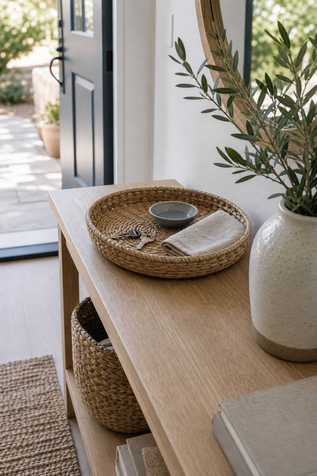 Woven Key Tray shown as a realistic Pretty Wild World image for 17 Coastal Entryway Decor Ideas for a Fresh Relaxed Welcome.