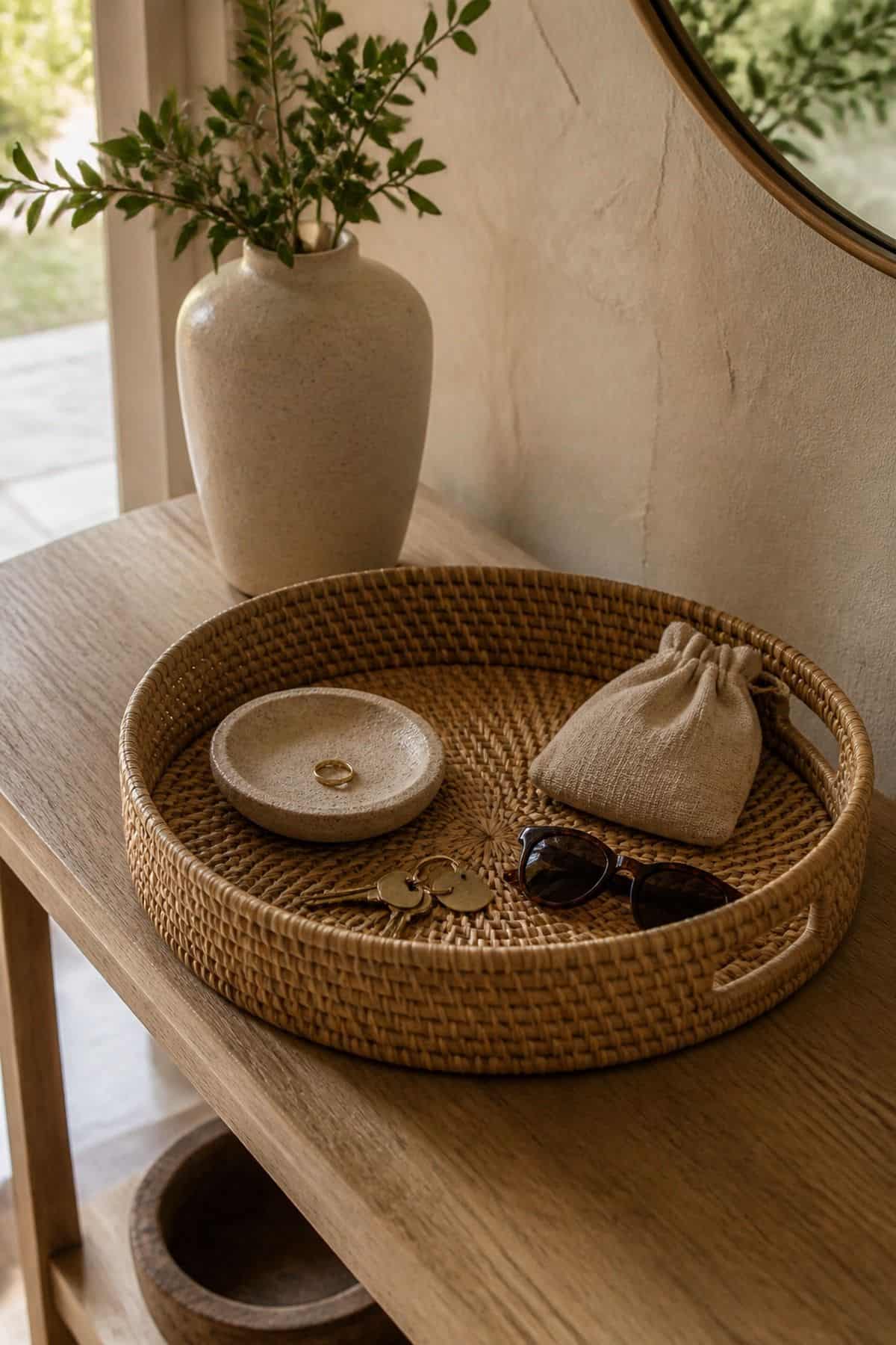 Rattan Catchall Tray shown as a realistic Pretty Wild World image for 15 Entryway Zen Home Decor Ideas for a Calm First Impression.