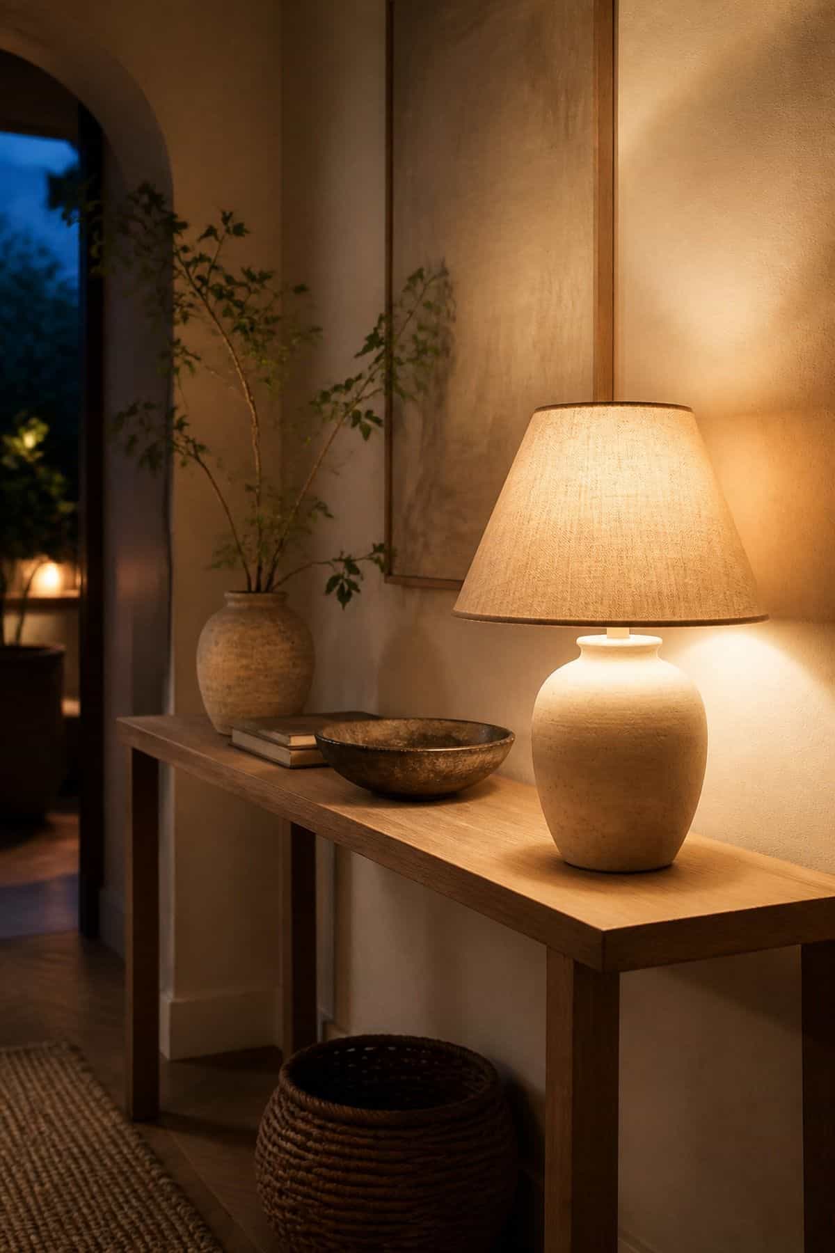 Warm Table Lamp shown as a realistic Pretty Wild World image for 15 Entryway Zen Home Decor Ideas for a Calm First Impression.