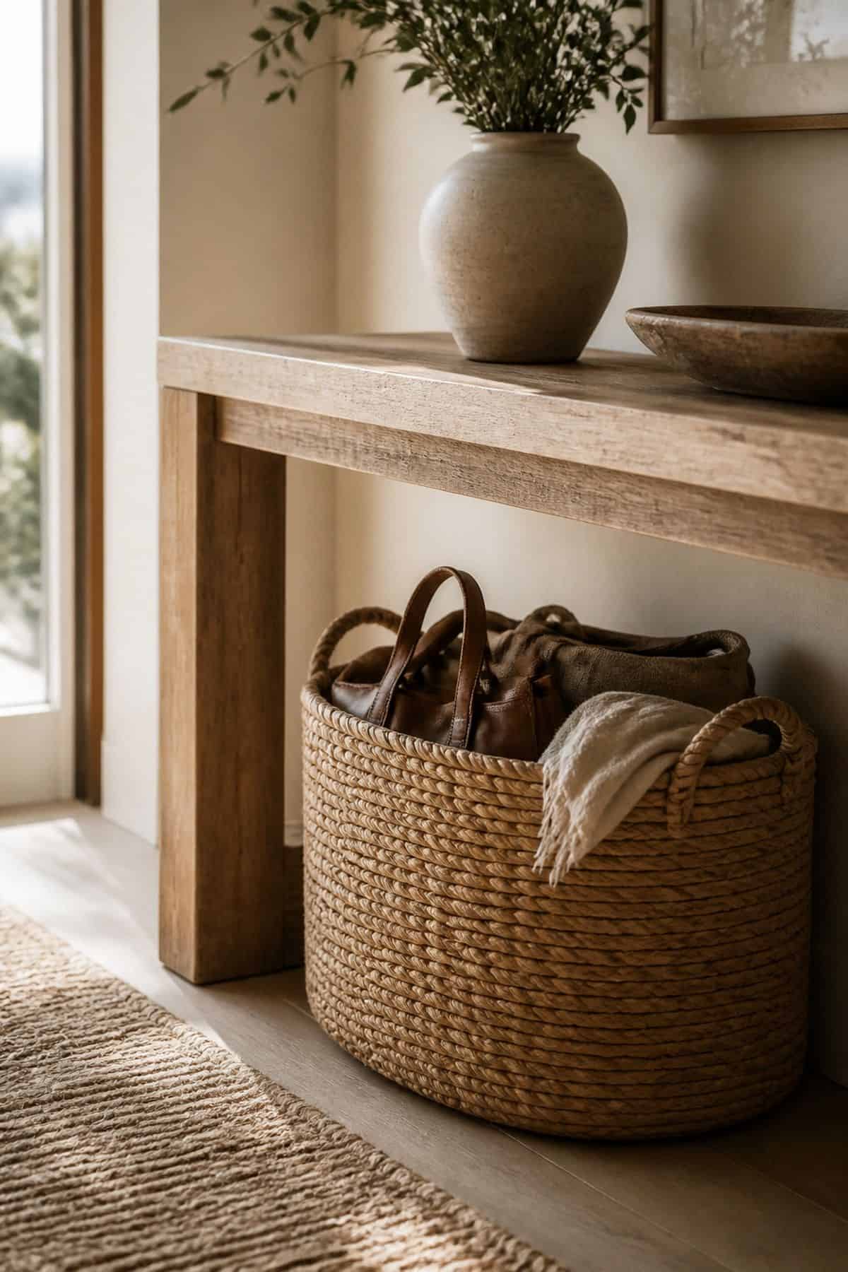 Hidden Bag Basket shown as a realistic Pretty Wild World image for 15 Entryway Zen Home Decor Ideas for a Calm First Impression.