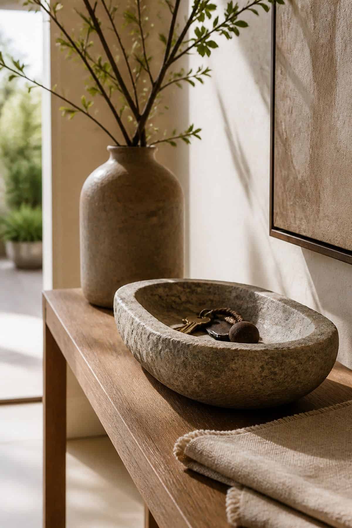 Stone Bowl Detail shown as a realistic Pretty Wild World image for 15 Entryway Zen Home Decor Ideas for a Calm First Impression.
