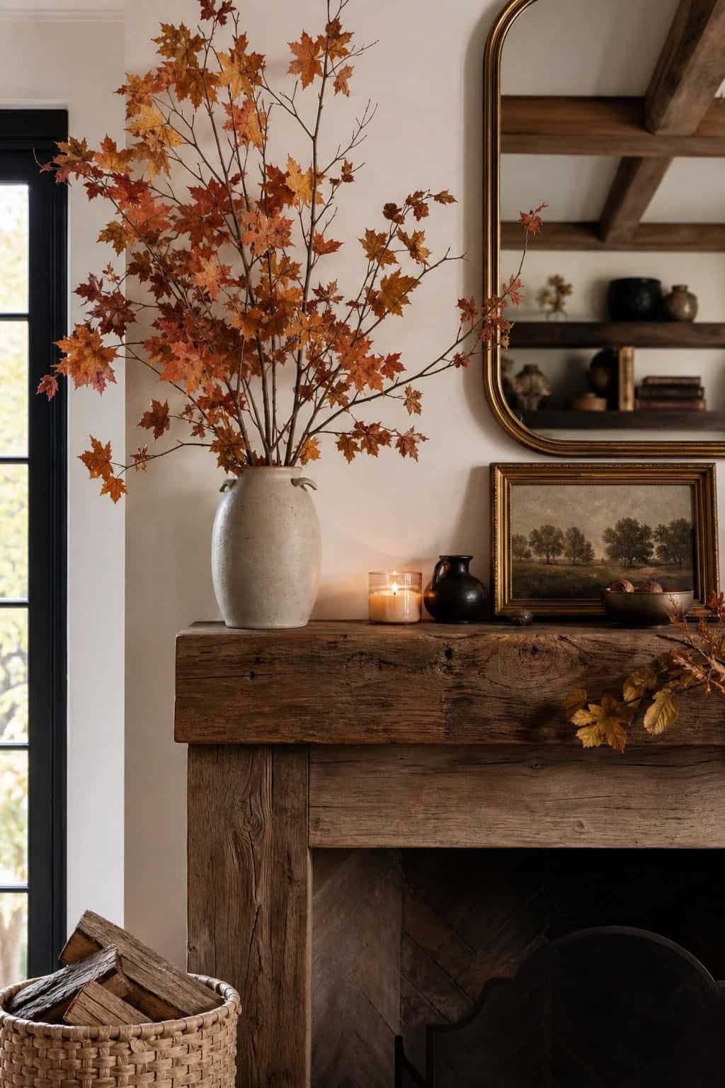 Tall Branch Arrangement shown as a realistic Pretty Wild World image for 17 Fall Mantle Decor Ideas for a Warm Collected Fireplace.