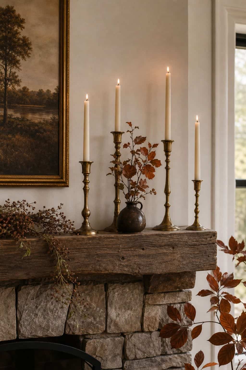 Brass Taper Candles shown as a realistic Pretty Wild World image for 17 Fall Mantle Decor Ideas for a Warm Collected Fireplace.