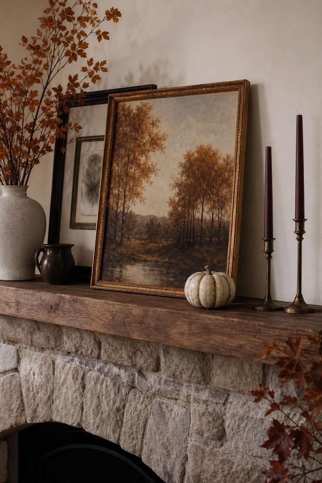Fall Art Lean shown as a realistic Pretty Wild World image for 17 Fall Mantle Decor Ideas for a Warm Collected Fireplace.