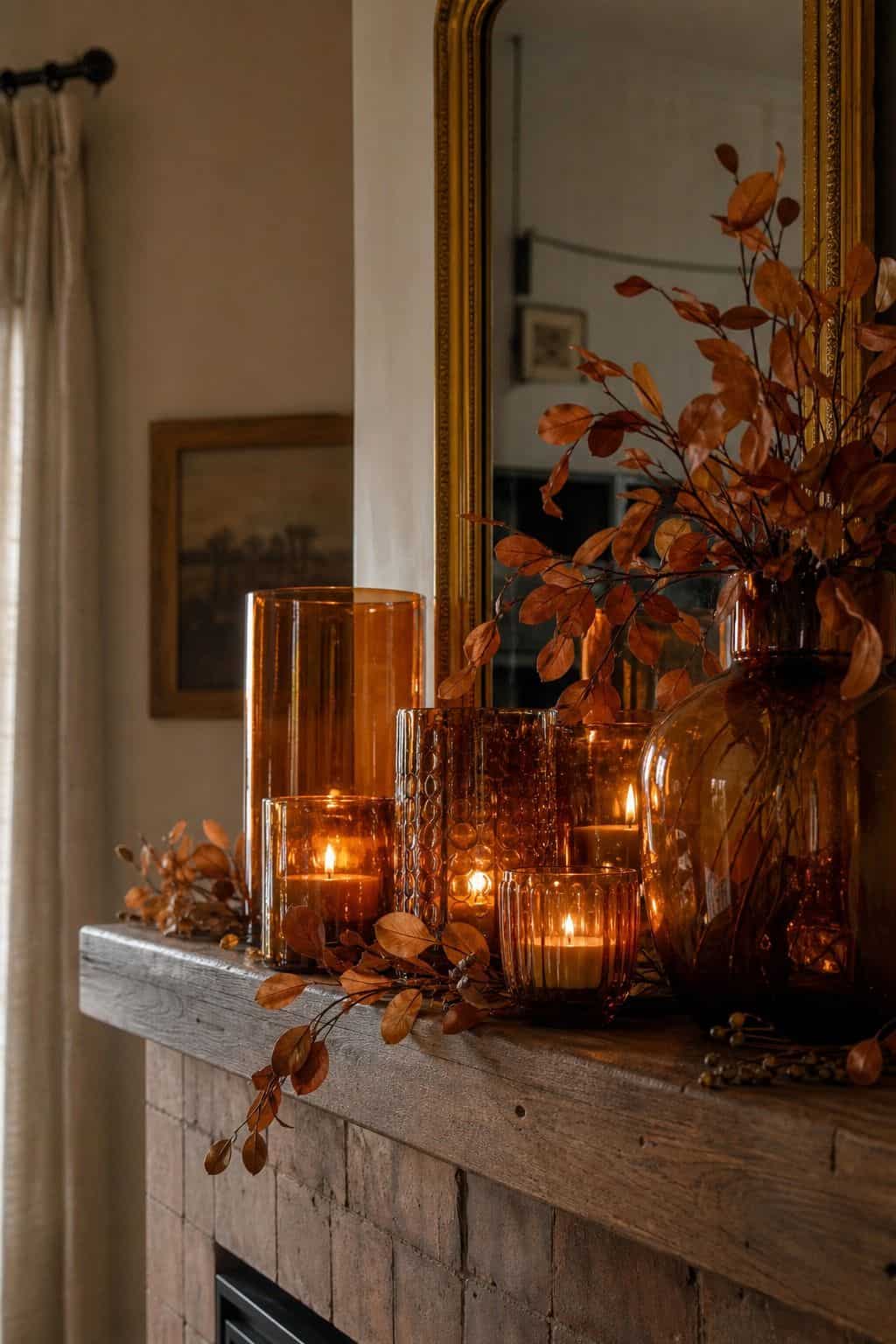 Amber Glass Candle Holders shown as a realistic Pretty Wild World image for 17 Fall Mantle Decor Ideas for a Warm Collected Fireplace.